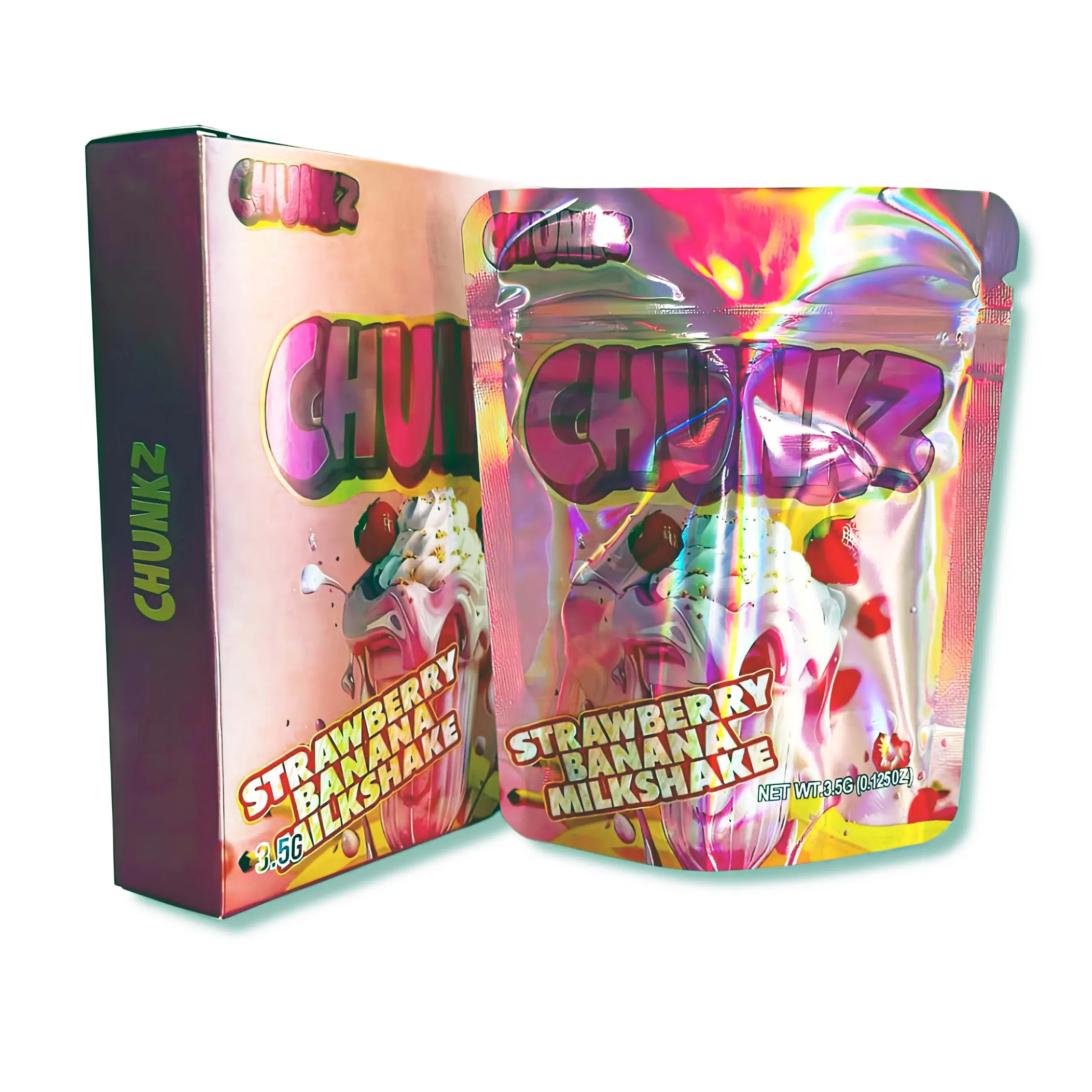 Bag-n-Box 3.5g Mylar Packaging Set – (25 Count Bags) + (25 Count) Display Boxes - Chunkz Strawberry Banana Milkshake BAGNBOX-050
