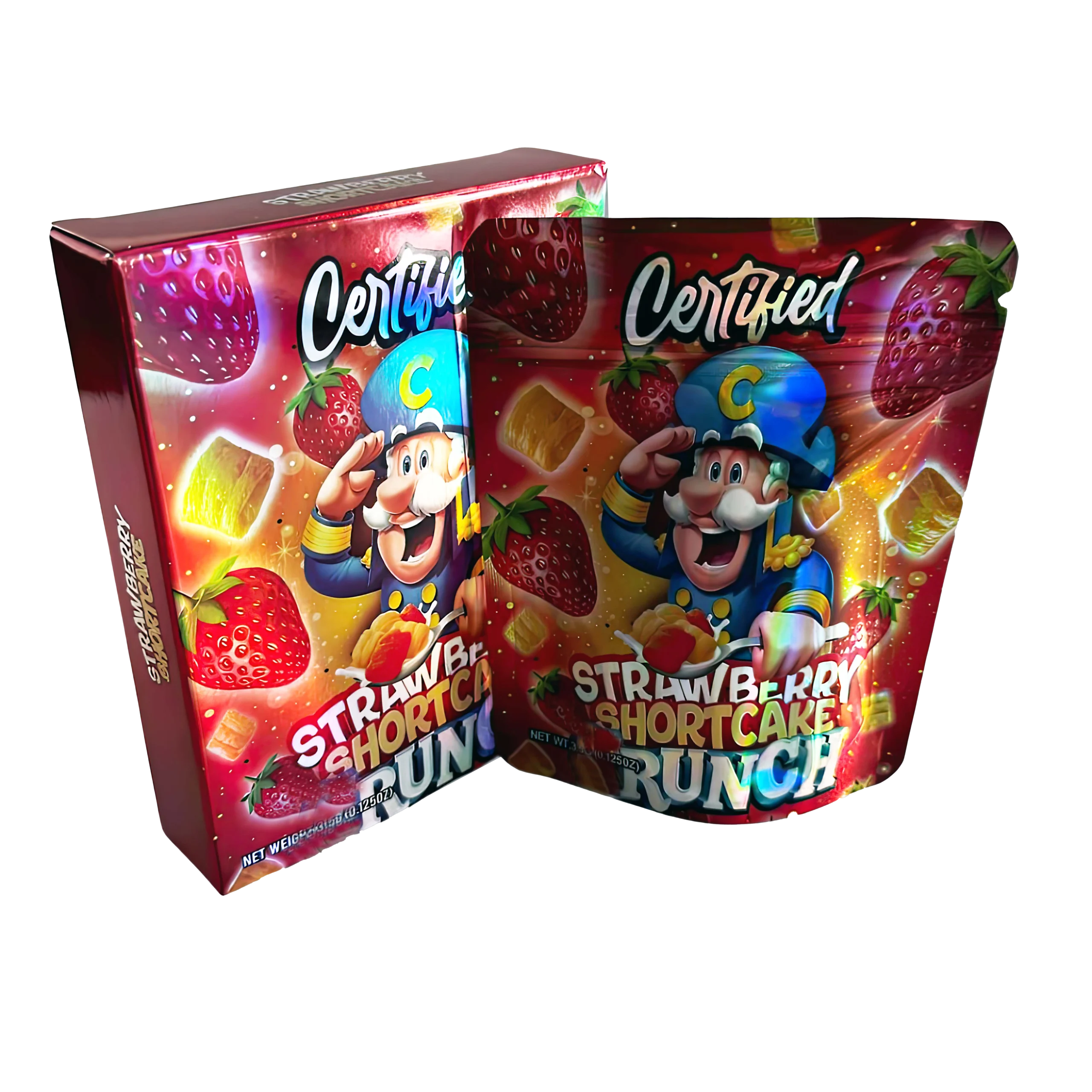 Bag-n-Box 3.5g Mylar Packaging Set – (25 Count Bags) + (25 Count) Display Boxes - Certified Strawberry Shortcake Runch BAGNBOX-052