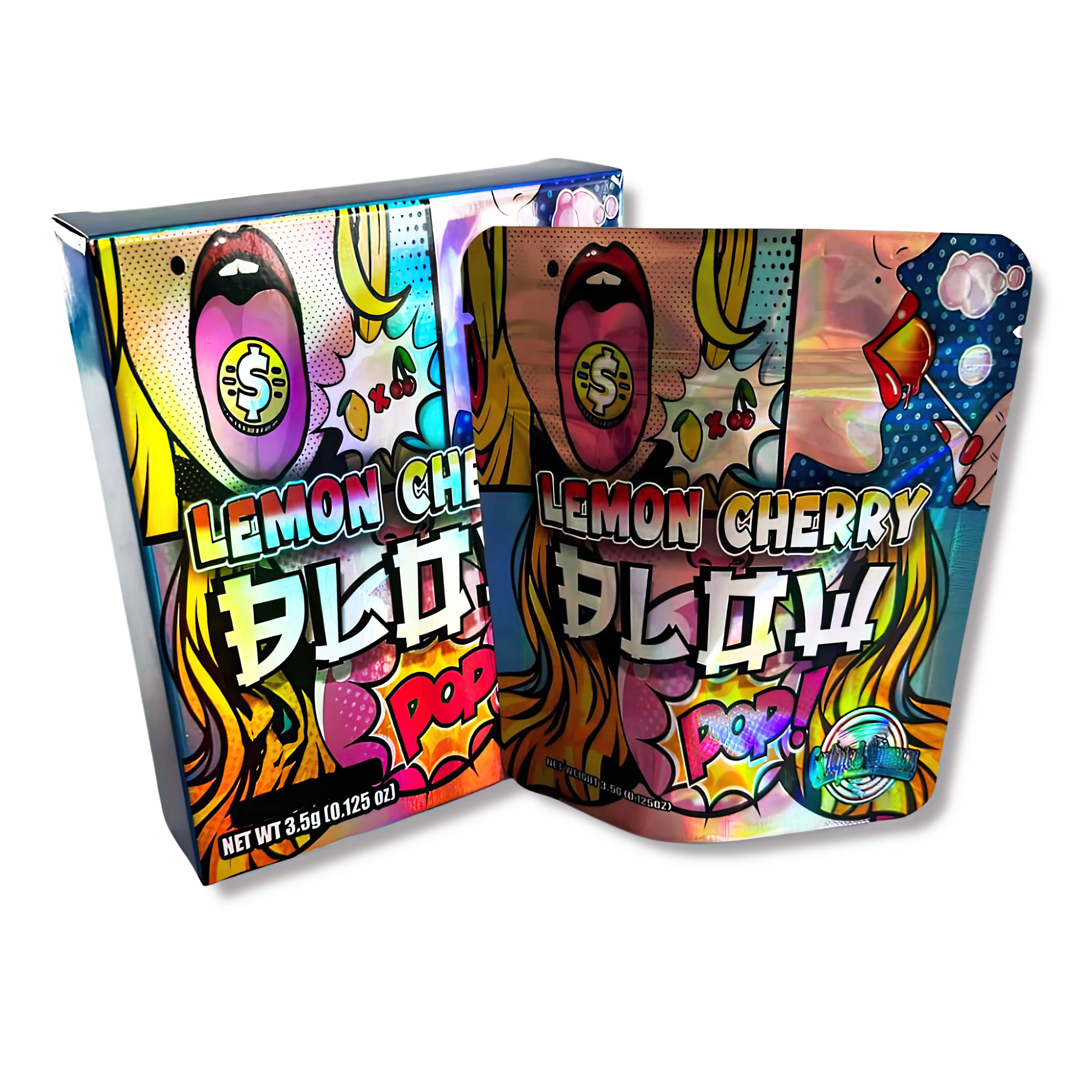 Bag-n-Box 3.5g Mylar Packaging Set – (25 Count Bags) + (25 Count) Display Boxes - Lemon Cherry Blow BAGNBOX-054