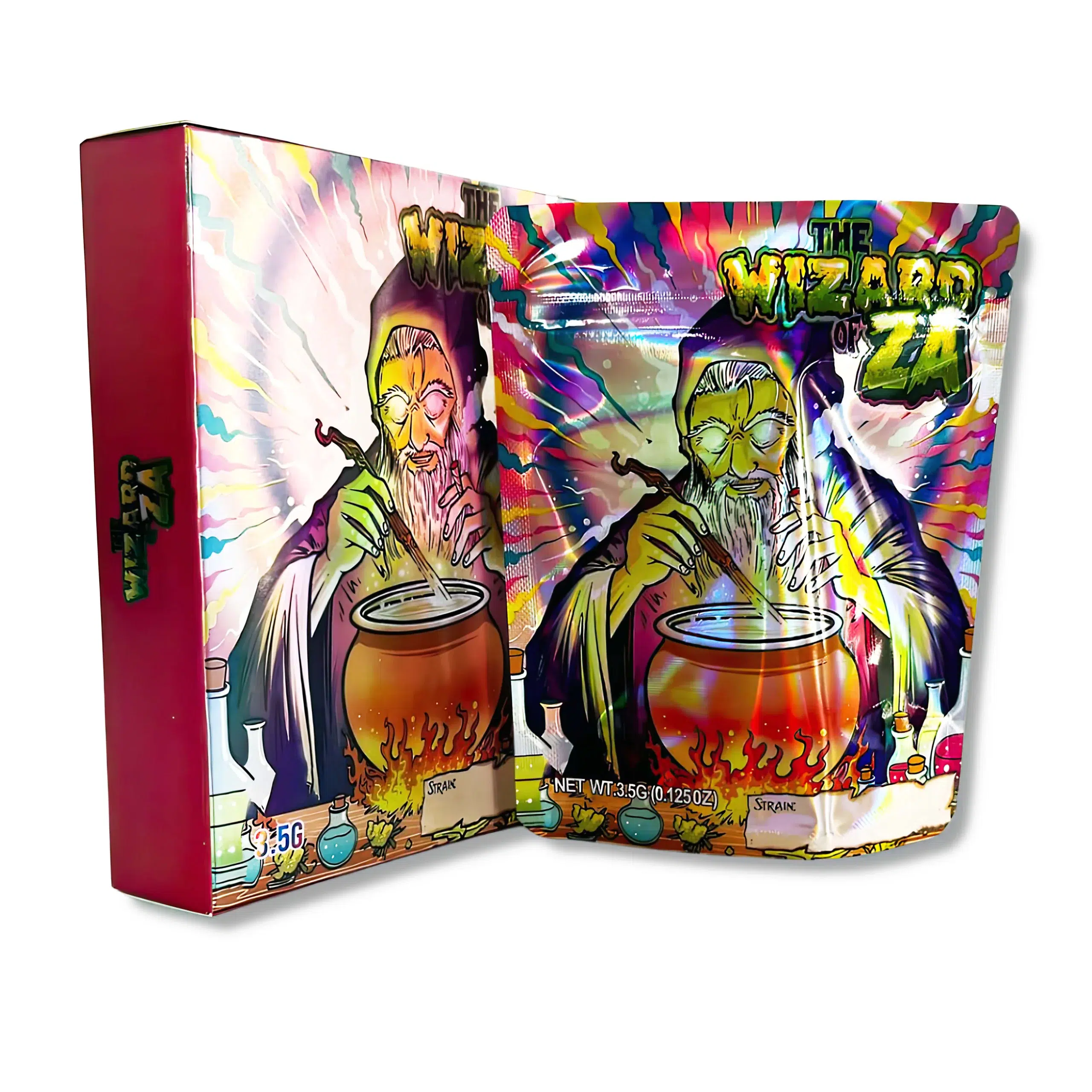 Bag-n-Box 3.5g Mylar Packaging Set – (25 Count Bags) + (25 Count) Display Boxes - The Wizard of Za BAGNBOX-068