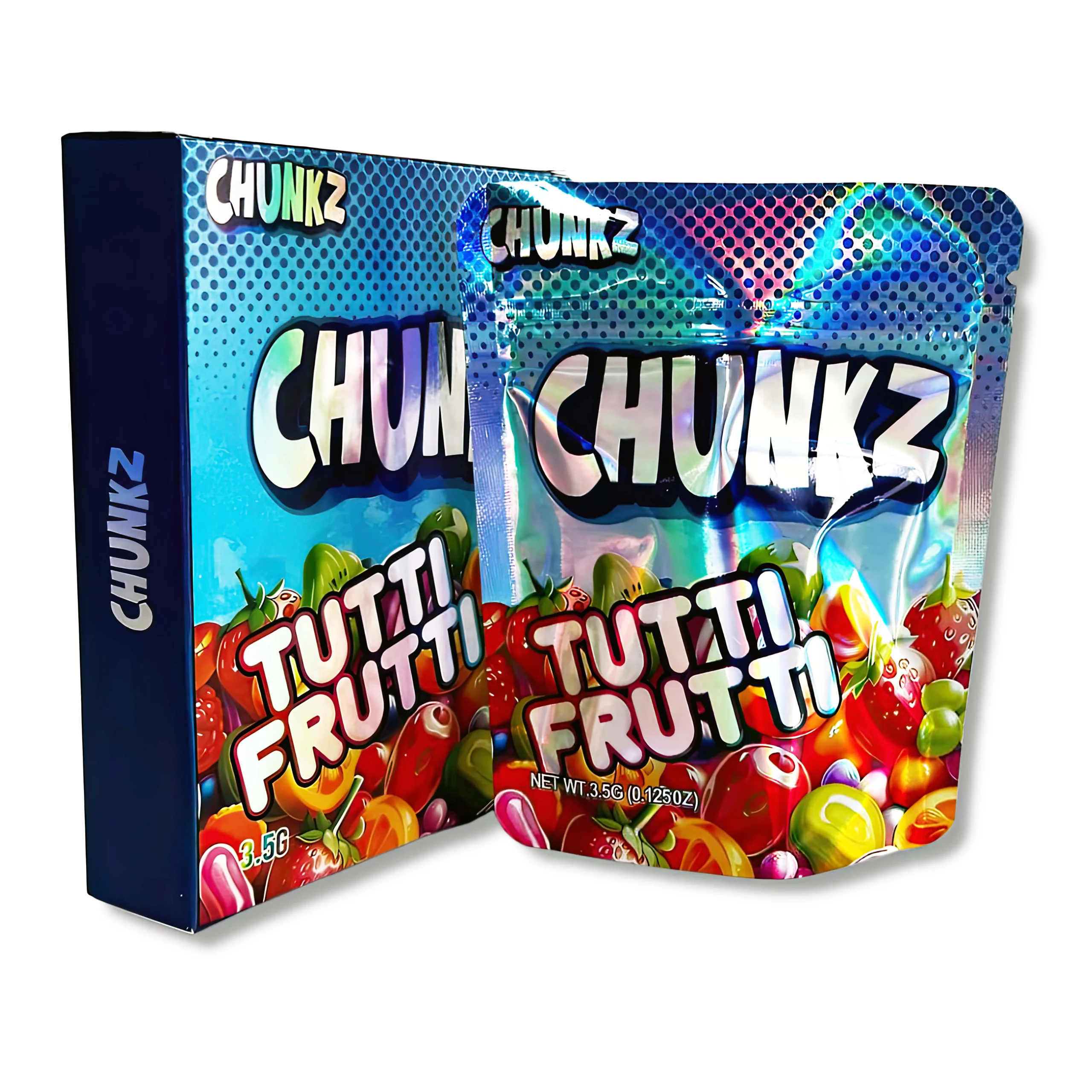 Bag-n-Box 3.5g Mylar Packaging Set – (25 Count Bags) + (25 Count) Display Boxes - Chunks Tutti Frutti BAGNBOX-073