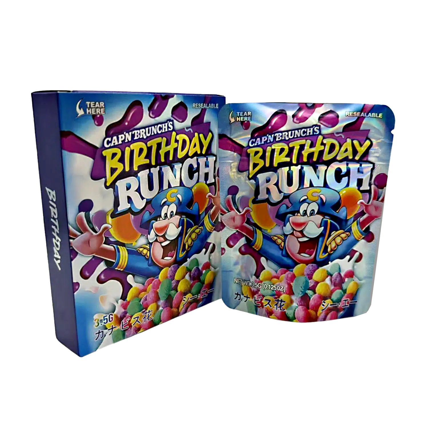 Bag-n-Box 3.5g Mylar Packaging Set – (25 Count Bags) + (25 Count) Display Boxes - Cap'n Brunch's Birthday Runch BAGNBOX-086