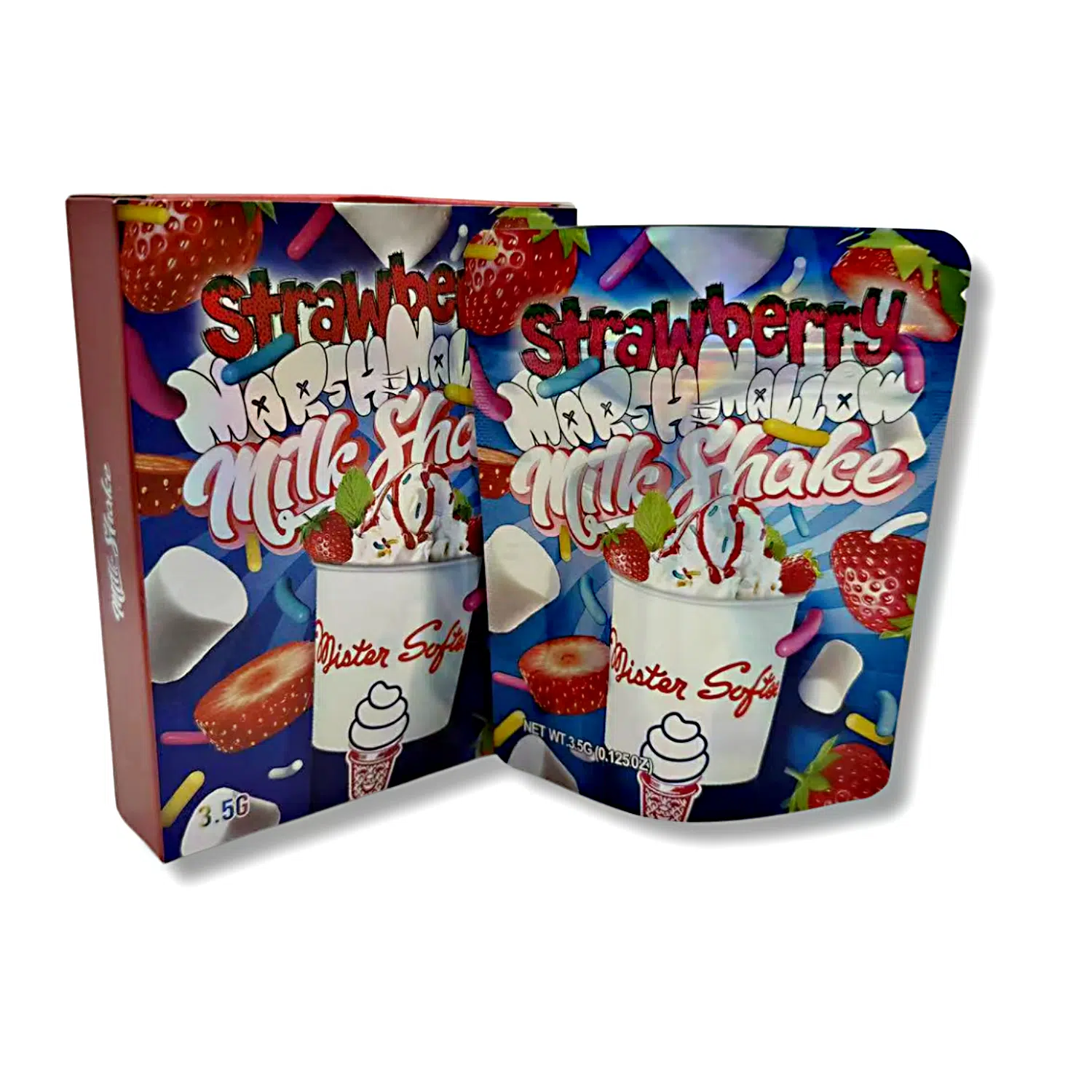 Bag-n-Box 3.5g Mylar Packaging Set – (25 Count Bags) + (25 Count) Display Boxes - Strawberry Marshmallow Milk Shake BAGNBOX-111