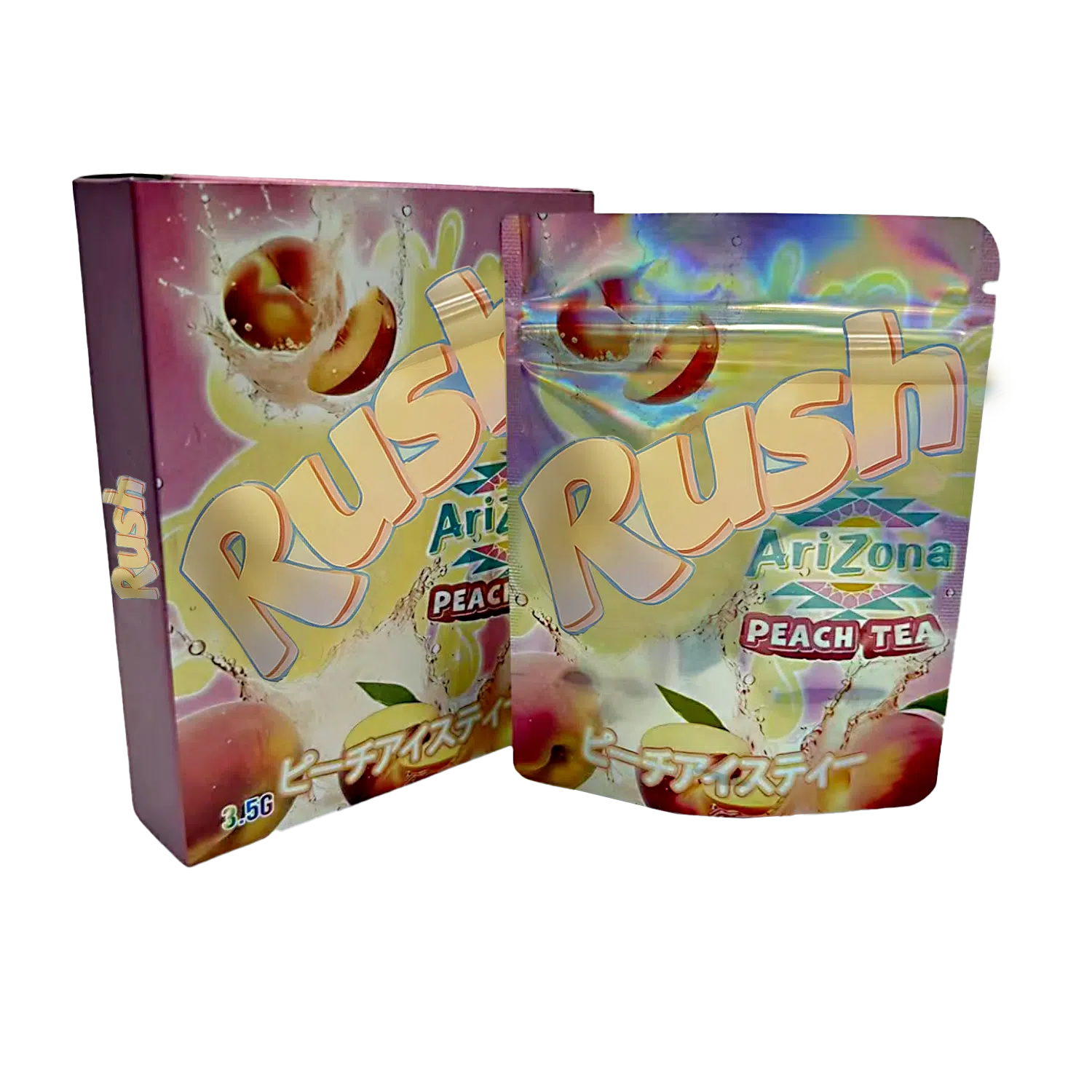 Bag-n-Box 3.5g Mylar Packaging Set – (25 Count Bags) + (25 Count) Display Boxes - Rush Arizona Peach Tea BAGNBOX-112