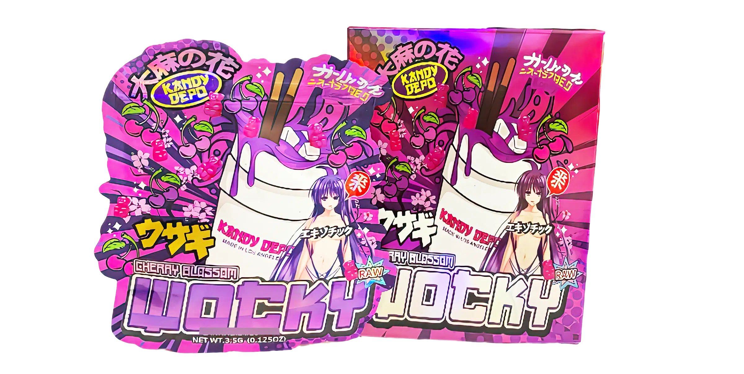 Bag-n-Box 3.5g Mylar Packaging Set (25 Count Bags + Display Boxes) - Cherry Blossom Wocky BNB-Shaped-007