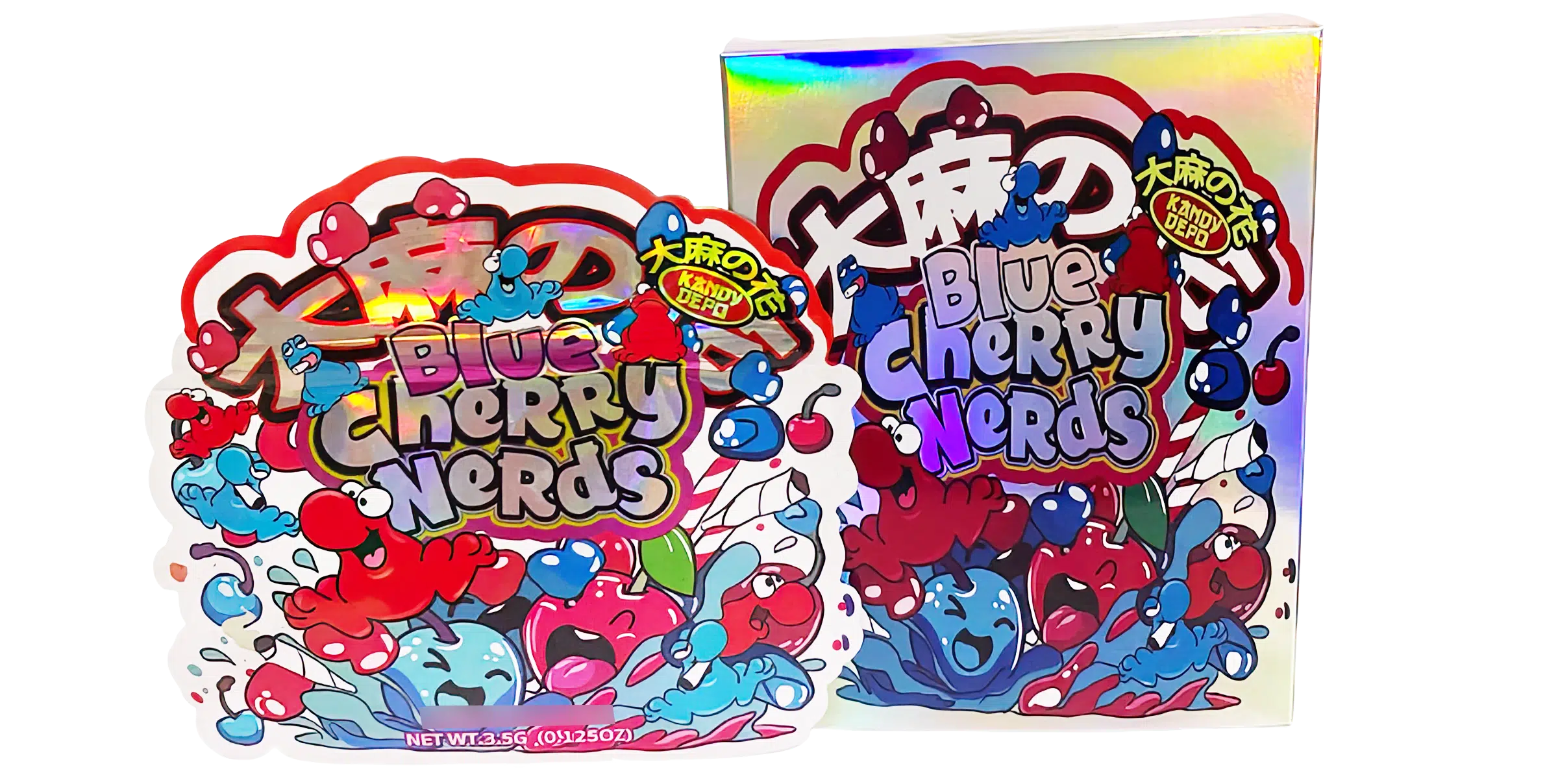 Bag-n-Box 3.5g Mylar Packaging Set (25 Count Bags + Display Boxes) - Blue Cherry Nerds BNB-Shaped-013