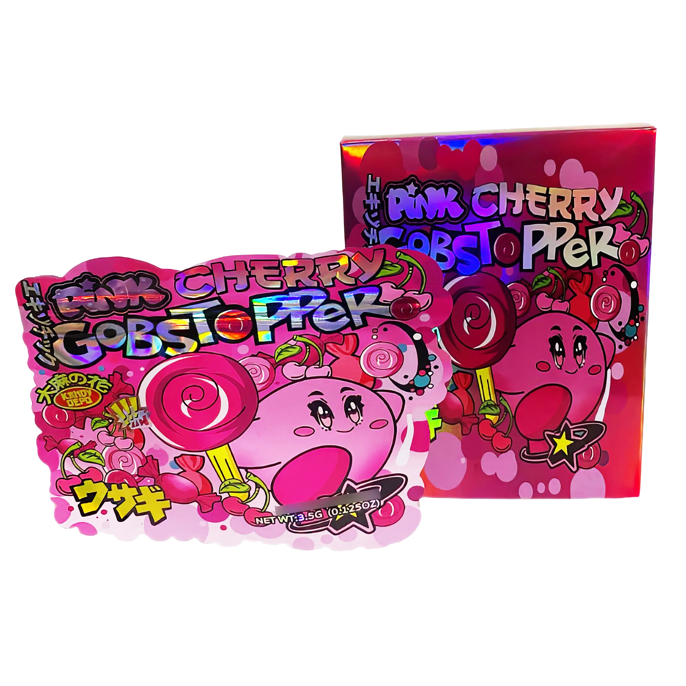 Bag-n-Box 3.5g Mylar Packaging Set (25 Count Bags + Display Boxes) - Pink Cherry Gobstopper BNB-Shaped-021
