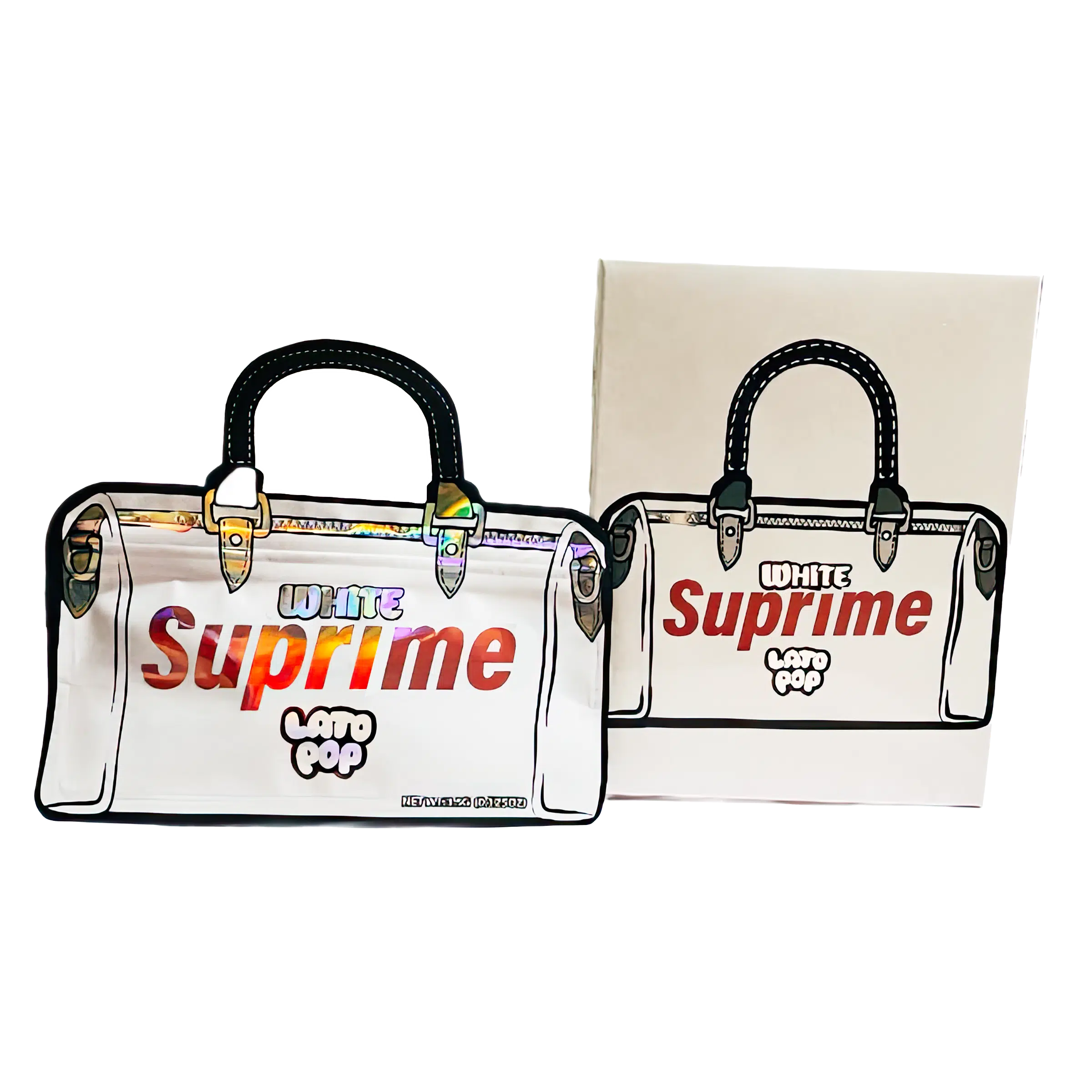 Bag-n-Box 3.5g Mylar Packaging Set (25 Count Bags + Display Boxes) - White Supreme Latopop BNB-Shaped-038