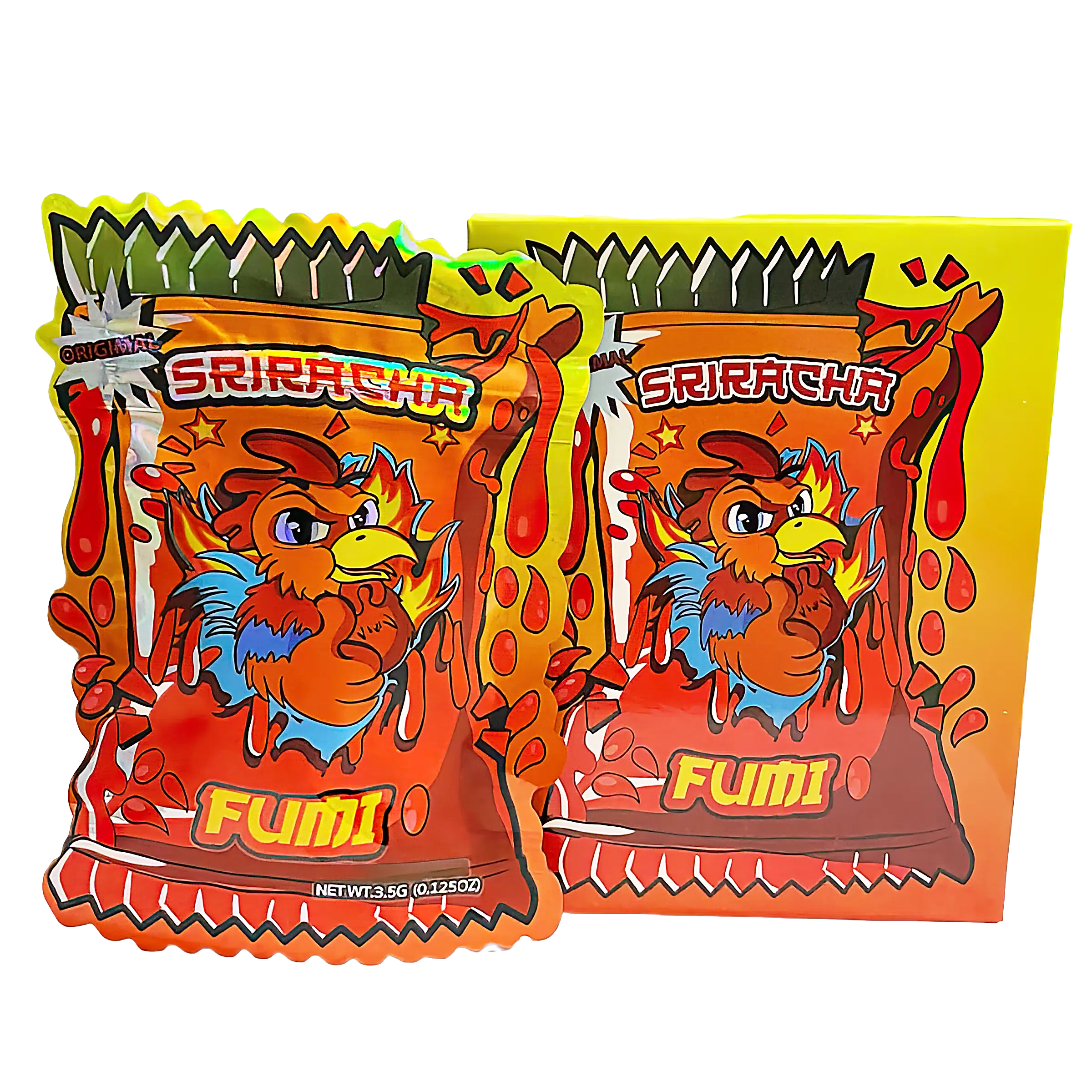 Bag-n-Box 3.5g Mylar Packaging Set (25 Count Bags + Display Boxes) - Sriracha Fumi BNB-Shaped-046
