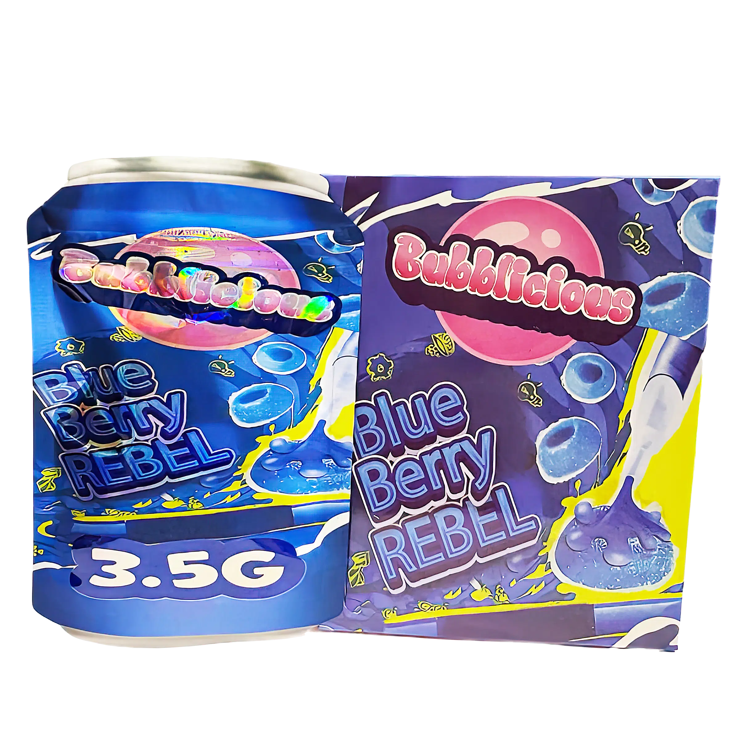 Bag-n-Box 3.5g Mylar Packaging Set (25 Count Bags + Display Boxes) - Bubblicious Blueberry Rebel BNB-Shaped-054