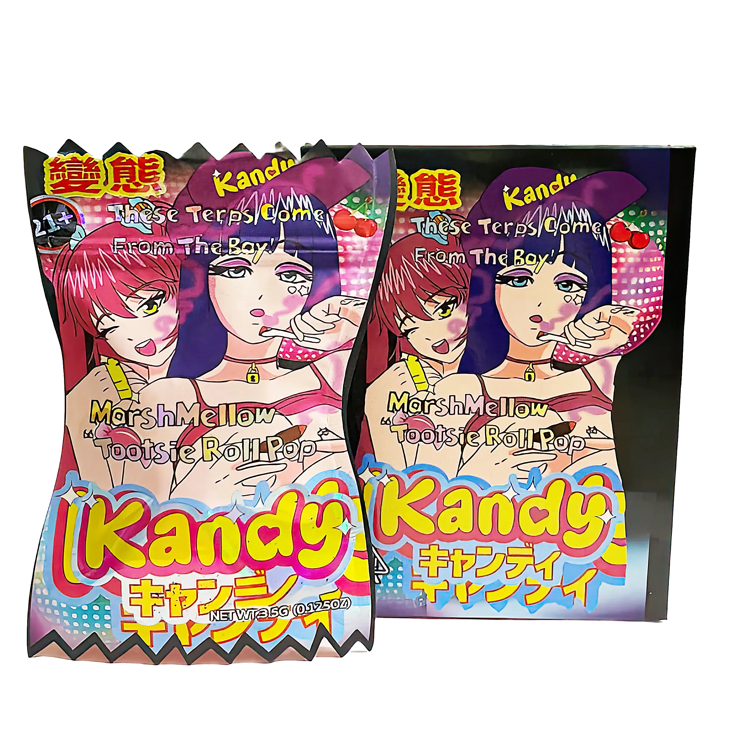 Bag-n-Box 3.5g Mylar Packaging Set (25 Count Bags + Display Boxes) - Marshmellow Tootsie Roll Pop Kandy BNB-Shaped-065