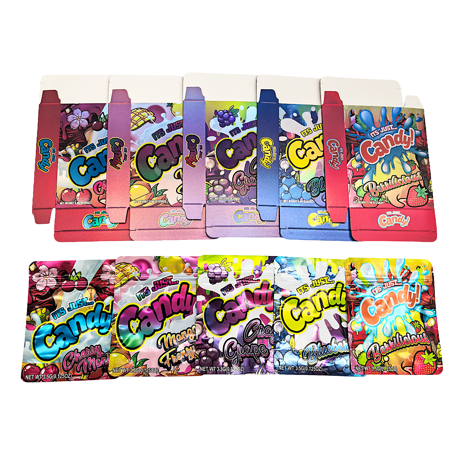 25 Pack – 3.5g Shaped Mylar Bags & Boxes Set (5 Design Mix) Its Just Candy Volume 1 - BNBM-CC1