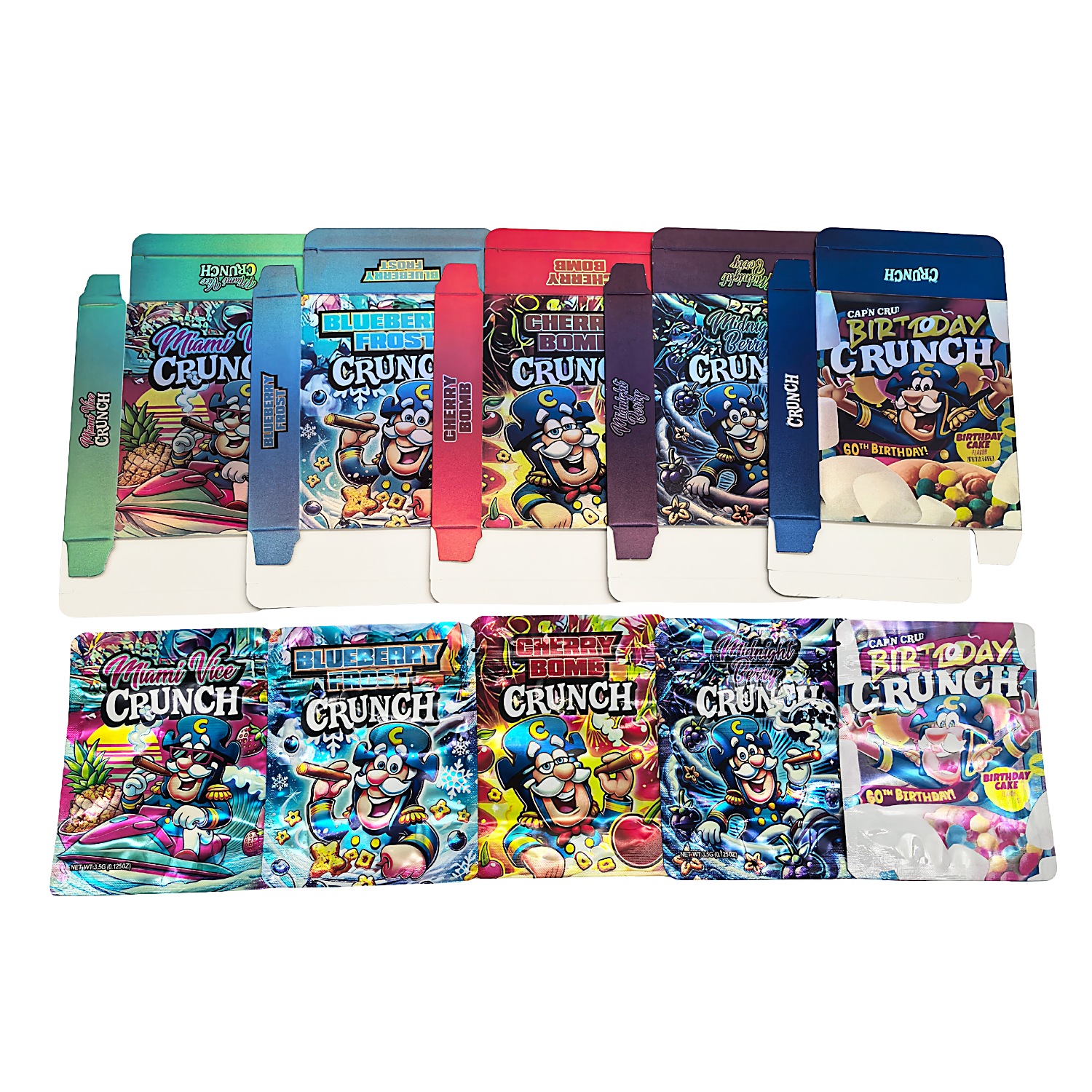 25 Pack – 3.5g Shaped Mylar Bags & Boxes Set (5 Design Mix) Capt. Crunch - BNBM-CRUNCH