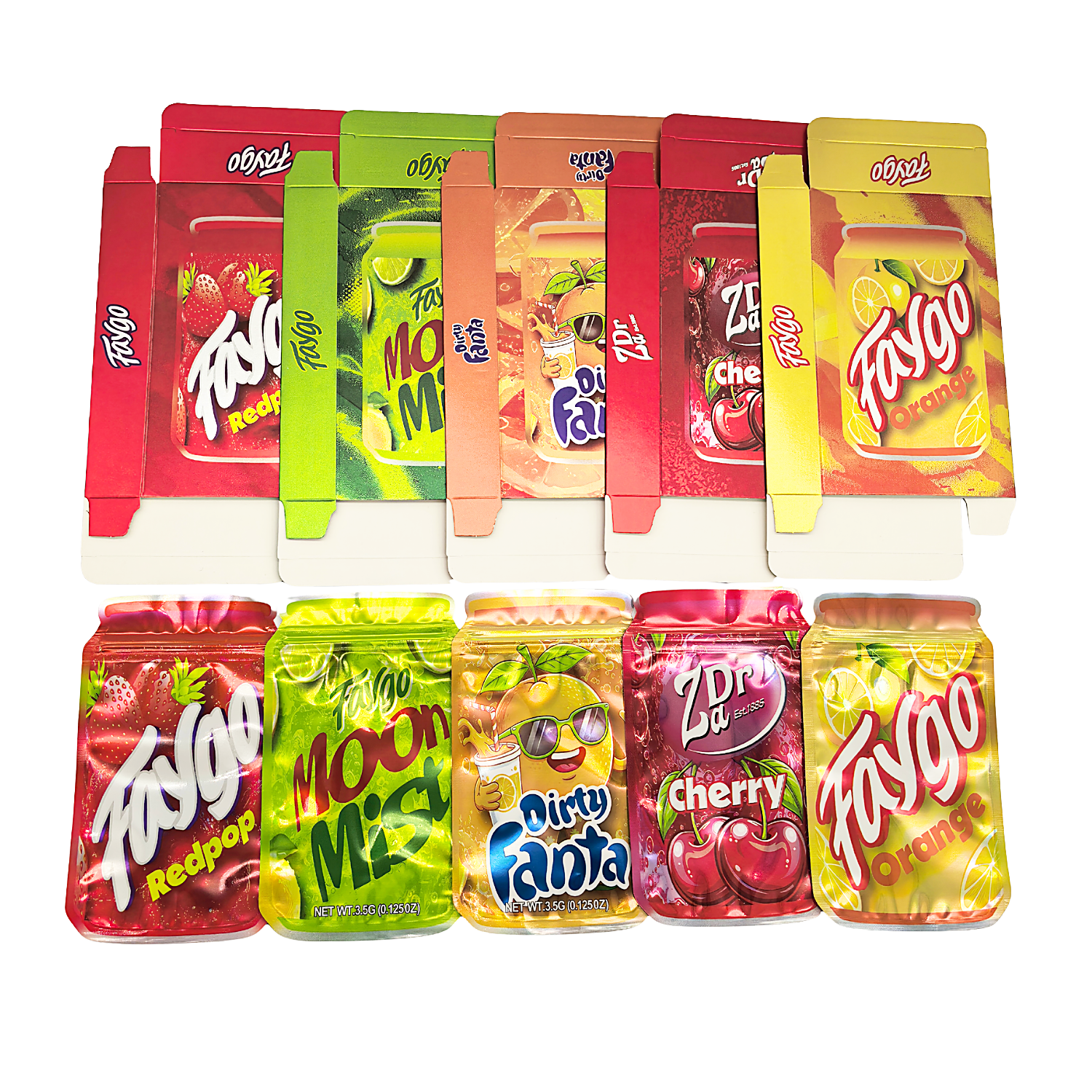 25 Pack – 3.5g Shaped Mylar Bags & Boxes Set (5 Design Mix) Faygo Sodas - BNBM-CSWM