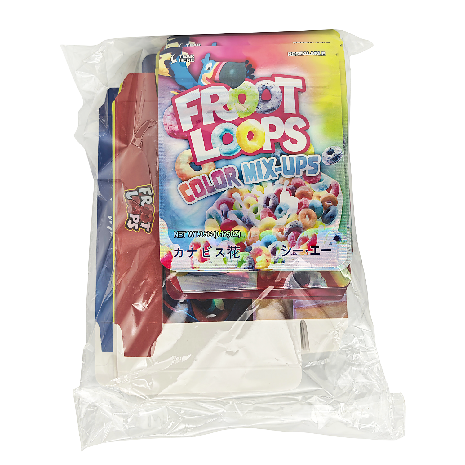 25 Pack – 3.5g Shaped Mylar Bags & Boxes Set (5 Design Mix) Froot Loops Flavors - BNBM-FROOT