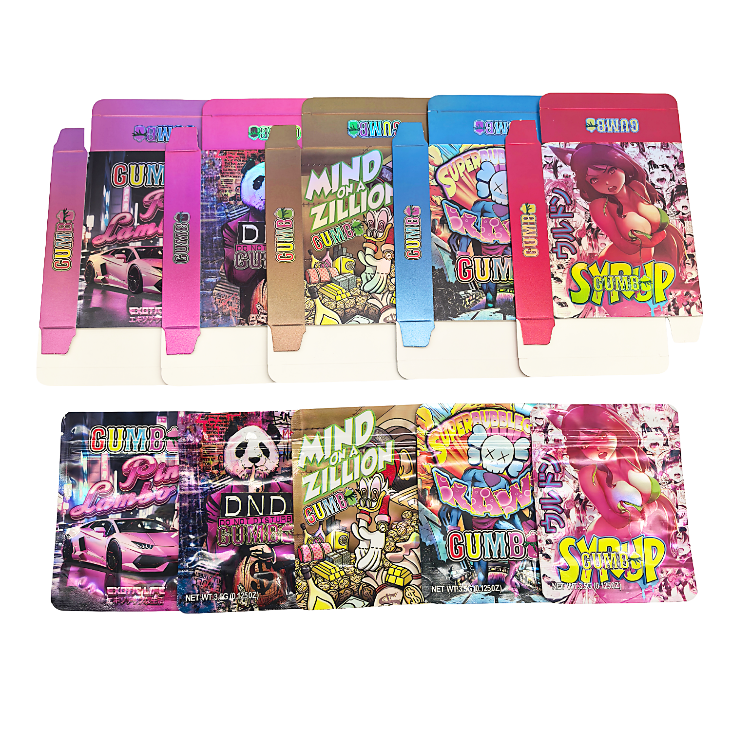 25 Pack – 3.5g Shaped Mylar Bags & Boxes Set (5 Design Mix) Gumbo Styles 1 - BNBM-GUMBO1