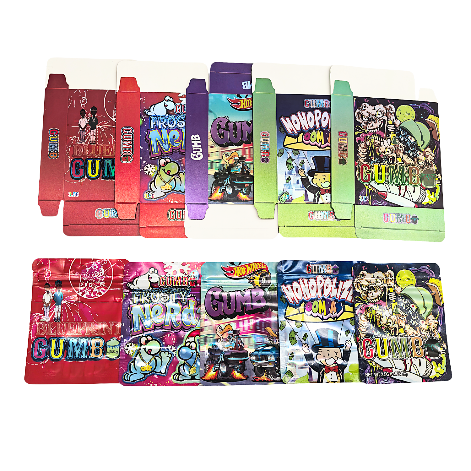 25 Pack – 3.5g Shaped Mylar Bags & Boxes Set (5 Design Mix) Gumbo Styles 2 - BNBM-GUMBO2