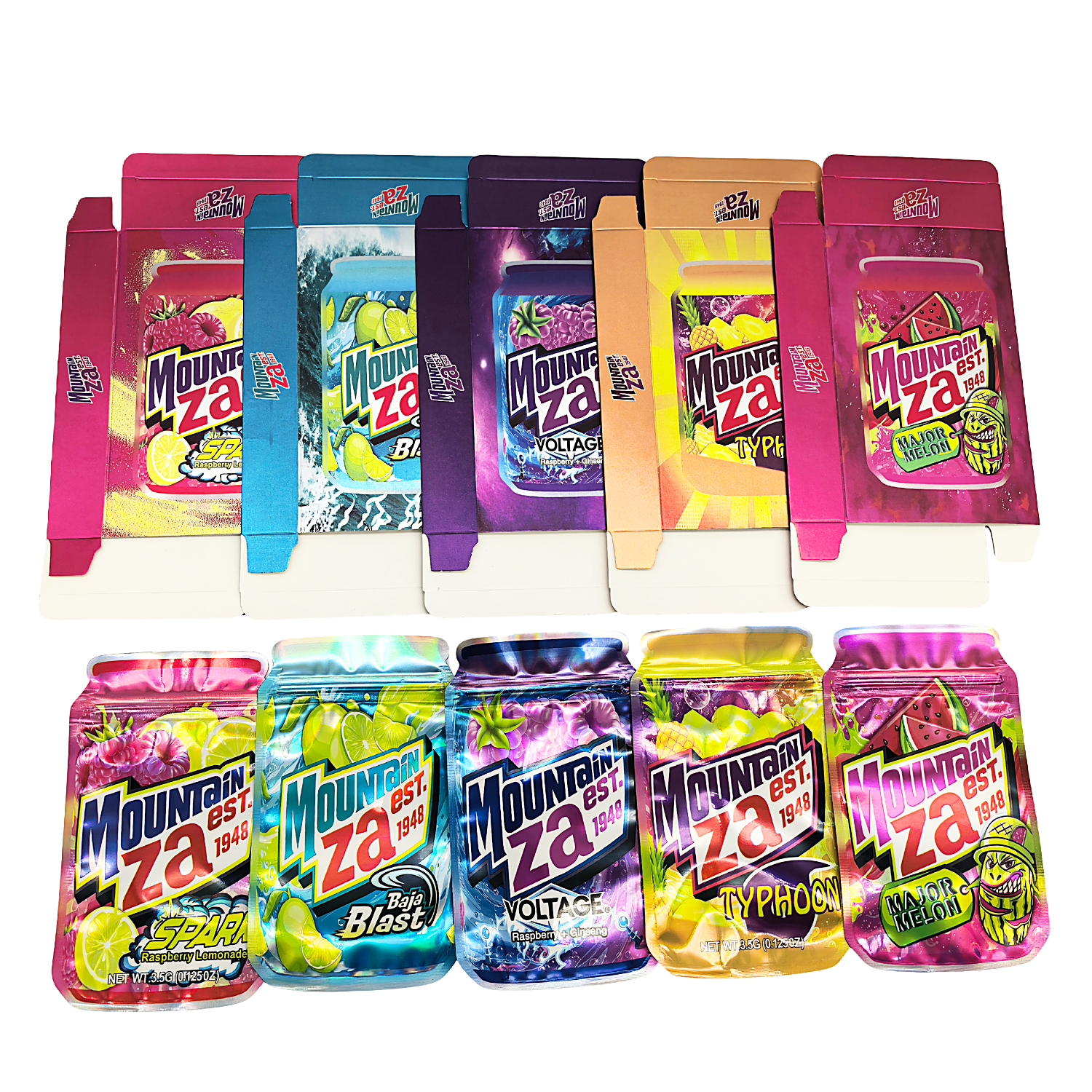 25 Pack – 3.5g Shaped Mylar Bags & Boxes Set (5 Design Mix) Mountain Za Sodas - BNBM-MZA