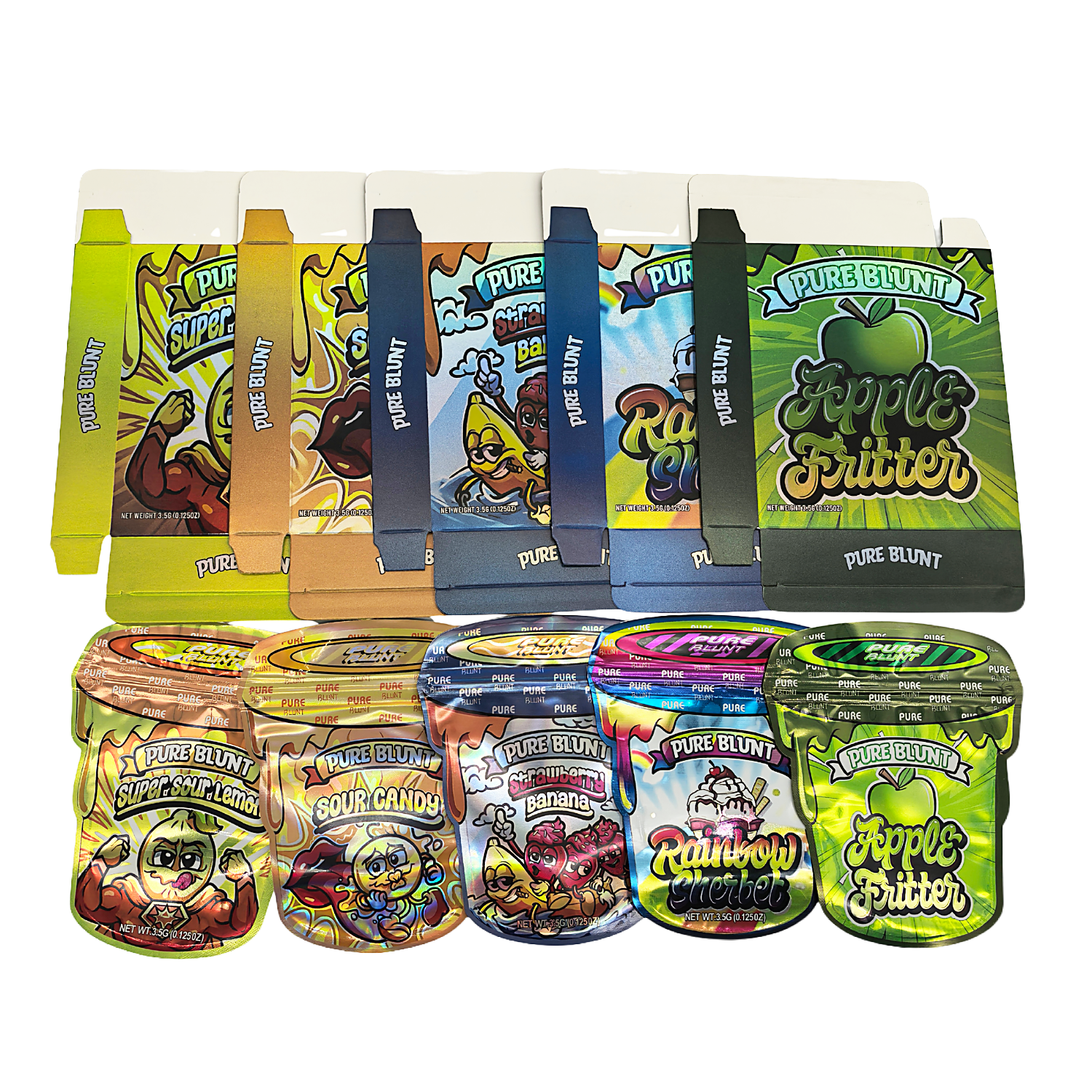 25 Pack – 3.5g Shaped Mylar Bags & Boxes Set (5 Design Mix) Pure Blunt Flavors - BNBM-PB1