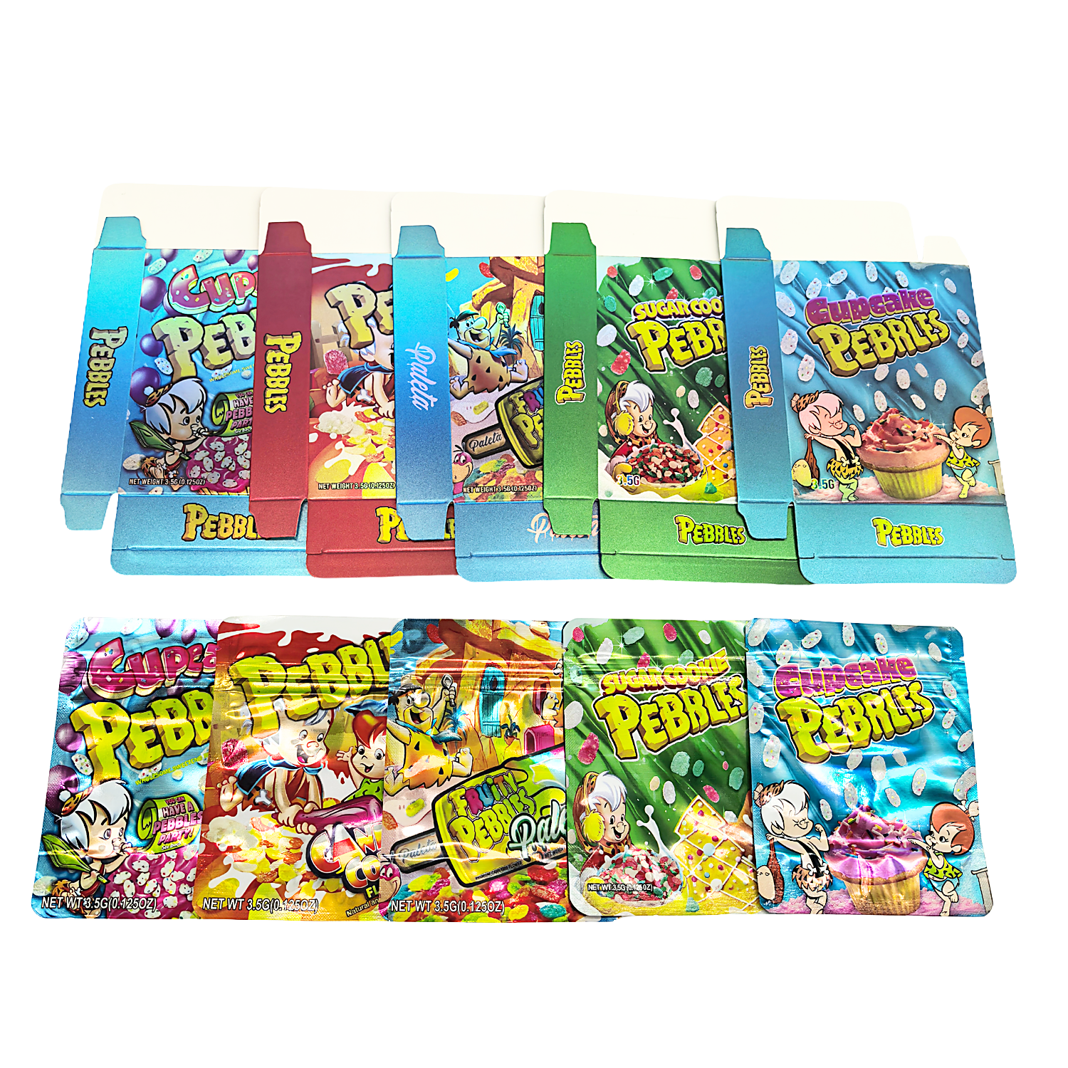 25 Pack – 3.5g Shaped Mylar Bags & Boxes Set (5 Design Mix) Pebbles Flintstones Style - BNBM-PEBBLES