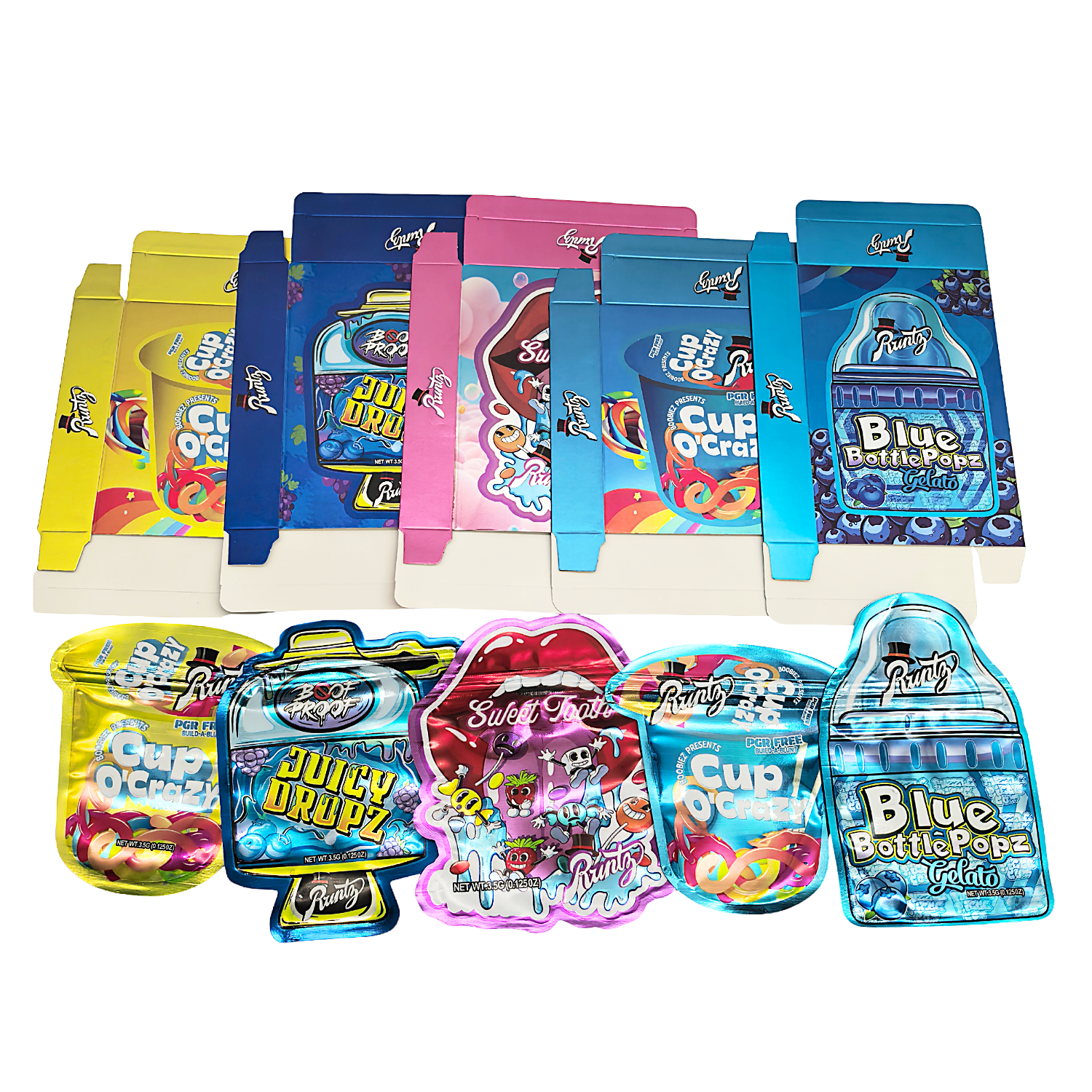 25 Pack – 3.5g Shaped Mylar Bags & Boxes Set (5 Design Mix) Runtz Styles 1 - BNBM-RUNTZ1
