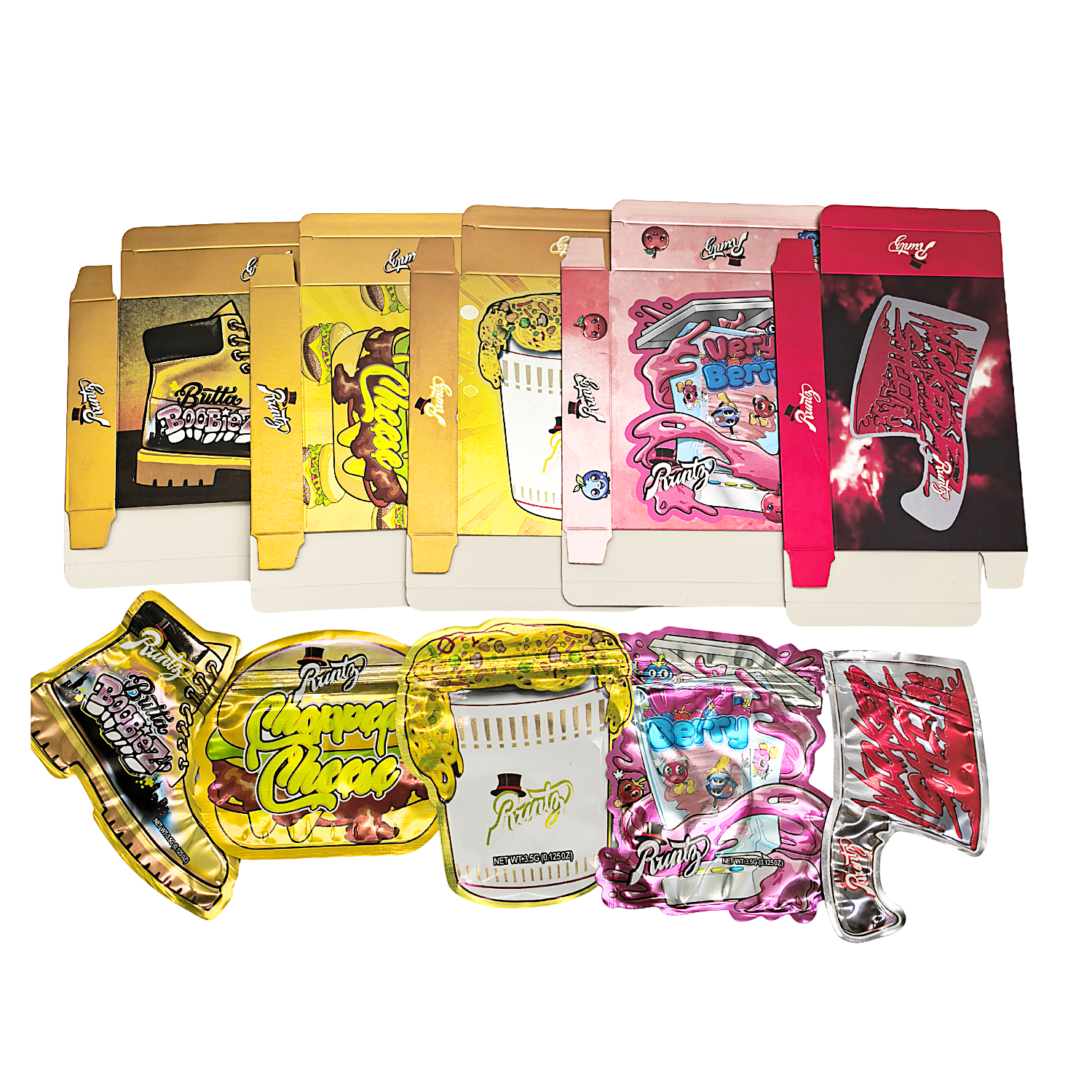 25 Pack – 3.5g Shaped Mylar Bags & Boxes Set (5 Design Mix) Runtz Styles 2 - BNBM-RUNTZ2