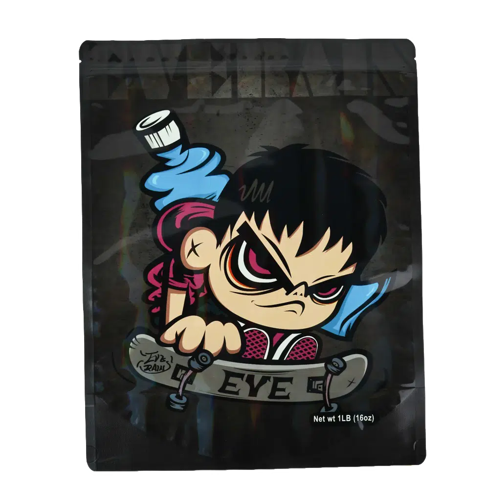 1 Pound Mylar Bag – Premium Smell-Proof Flower Packaging - Evil Eyes Skateboarding Kid (25Count) MB-1LB-005