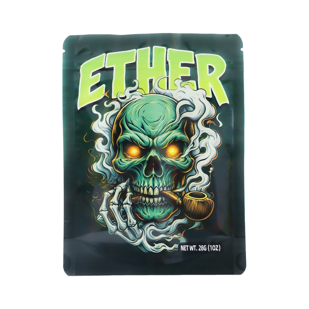 28 Gram Mylar Bag – Premium Smell-Proof Flower Packaging - Ether Green Skull (50 Count) MB-28G-008
