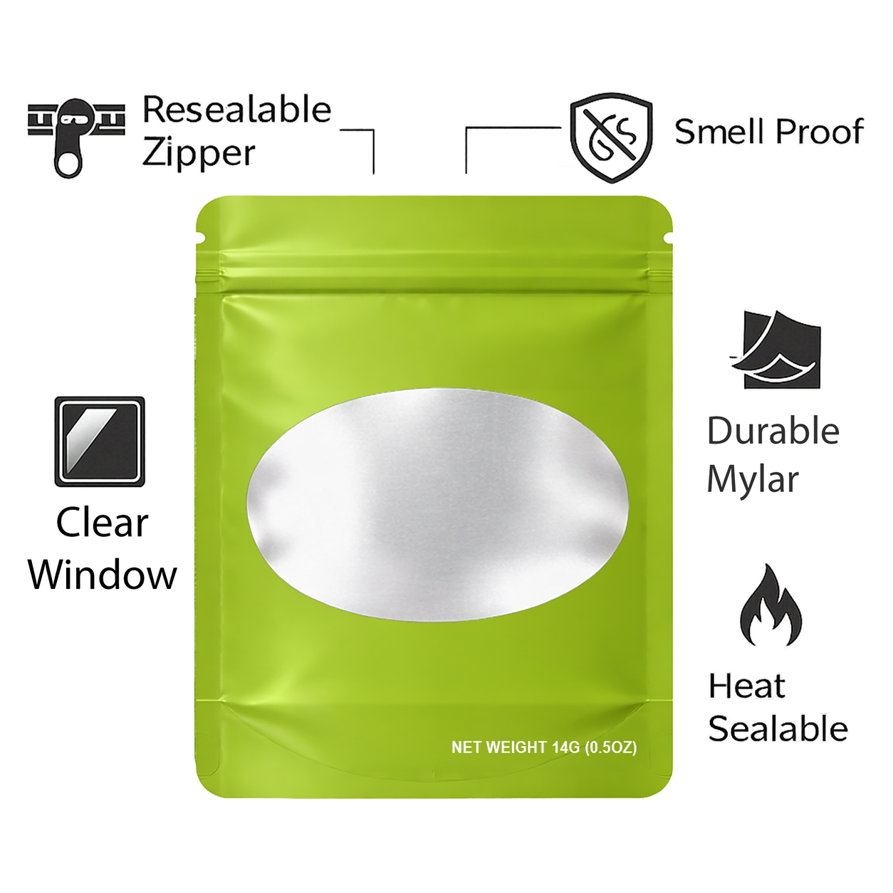 14 Gram Mylar Bag – Premium Smell-Proof Flower Packaging - Lime Green Solid Color (50 Count) SMBW-14G-003 - Image 4