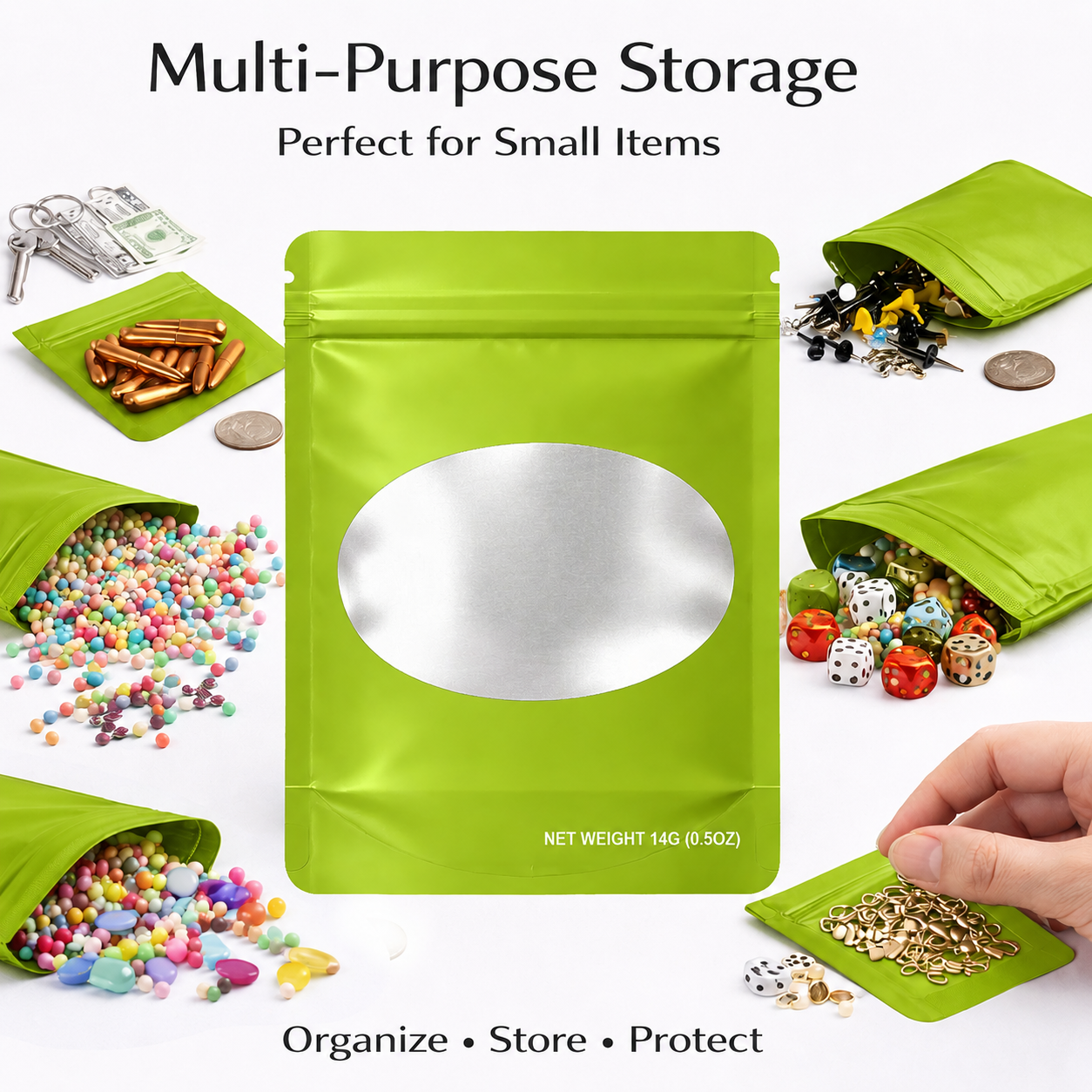 14 Gram Mylar Bag – Premium Smell-Proof Flower Packaging - Lime Green Solid Color (50 Count) SMBW-14G-003 - Image 5