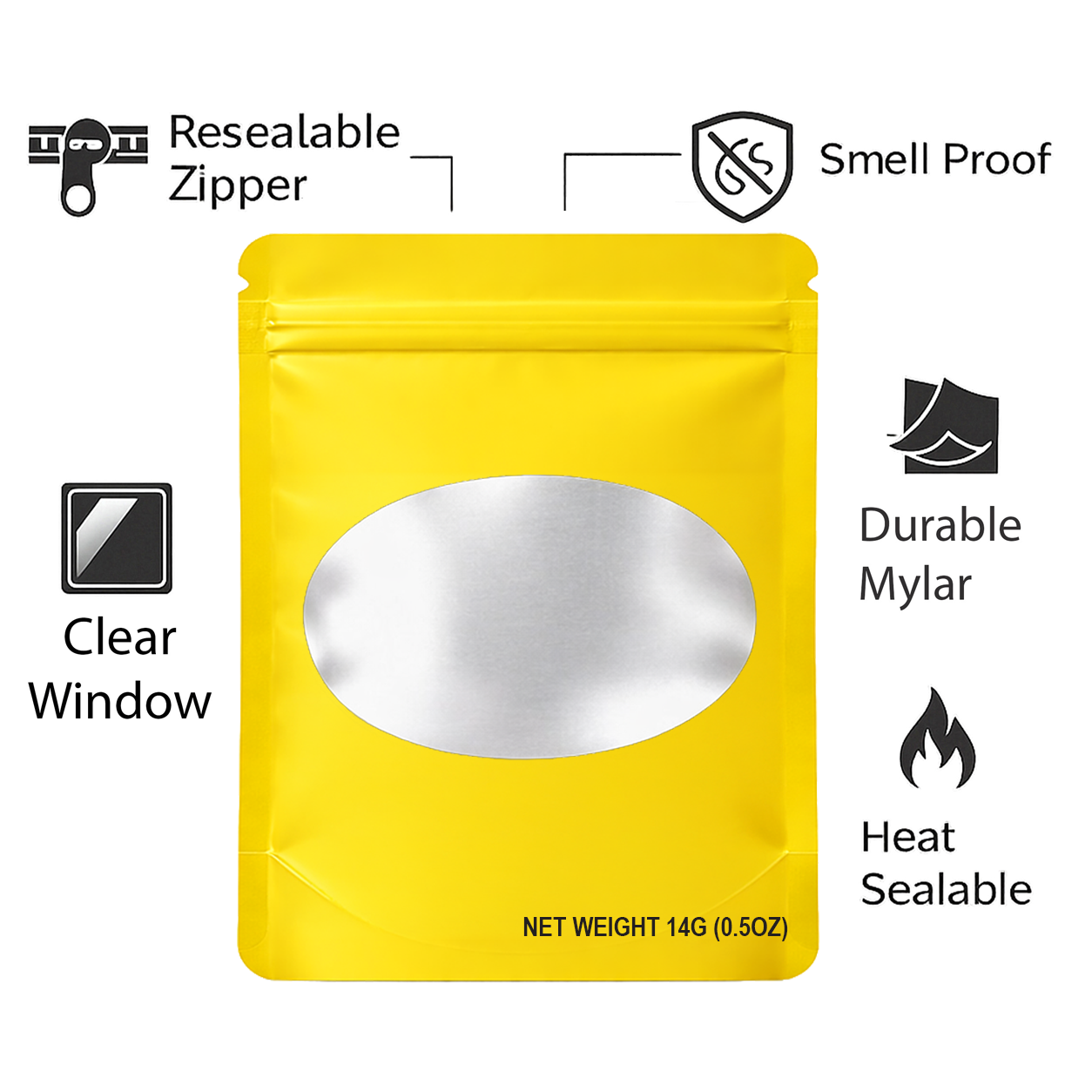 14 Gram Mylar Bag – Premium Smell-Proof Flower Packaging - Yellow Solid Color (50 Count) SMBW-14G-004 - Image 4