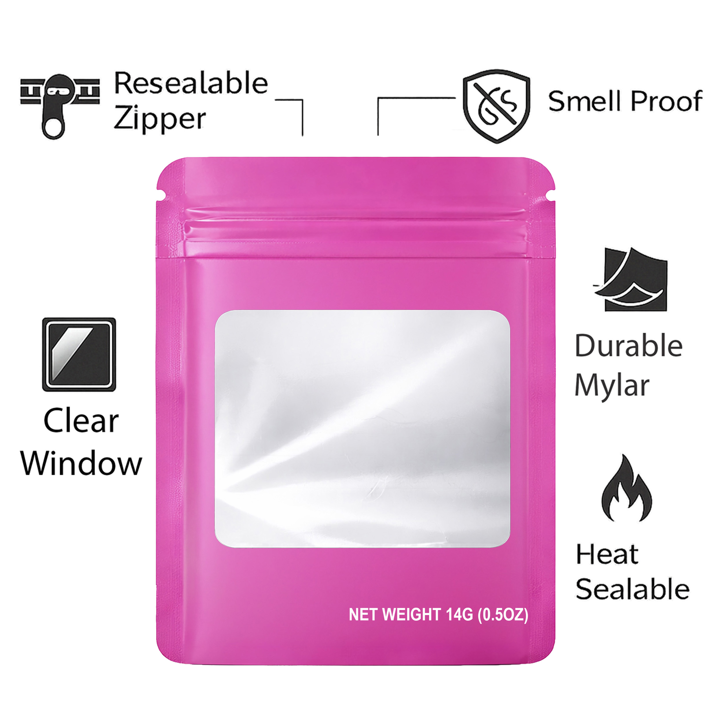 14G Blank Square Window Mylar Bag – Premium Packaging (Pink) (50 Count) SMBW-14G-008 - Image 4