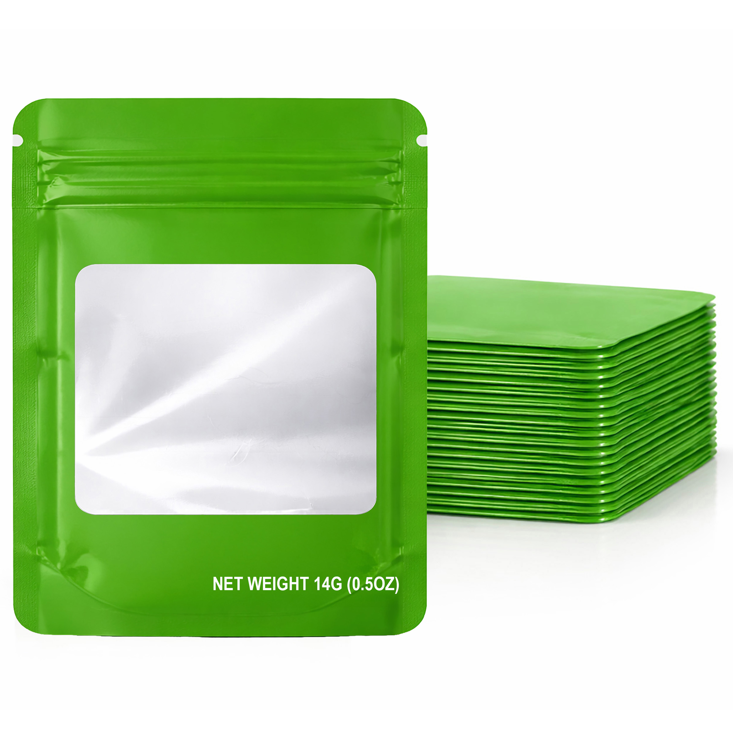 14G Blank Square Window Mylar Bag – Premium Packaging (Green) (50 Count) SMBW-14G-009