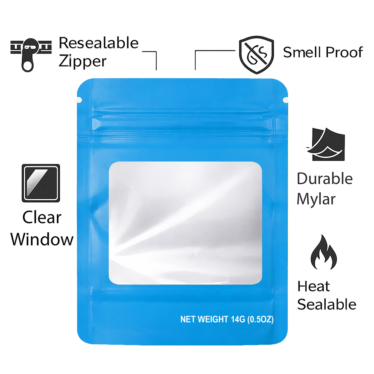 14G Blank Square Window Mylar Bag – Premium Packaging (Light Blue) (50 Count) SMBW-14G-010 - Image 4
