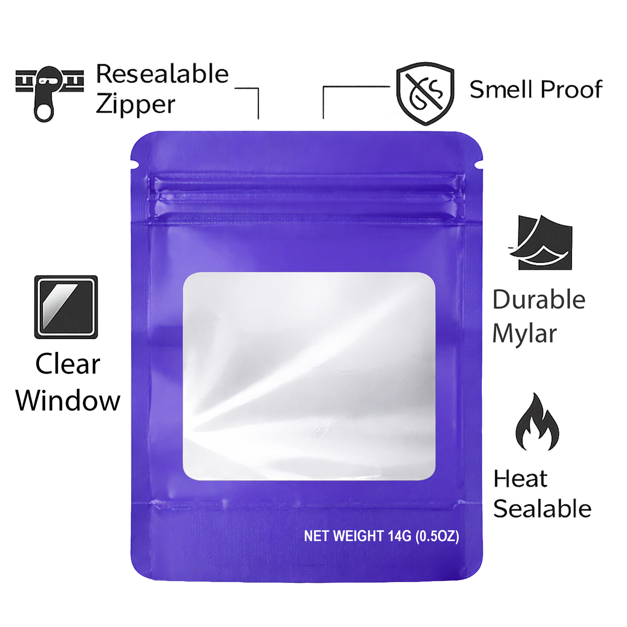 14G Blank Square Window Mylar Bag – Premium Packaging (Purple) (50 Count) SMBW-14G-011 - Image 4