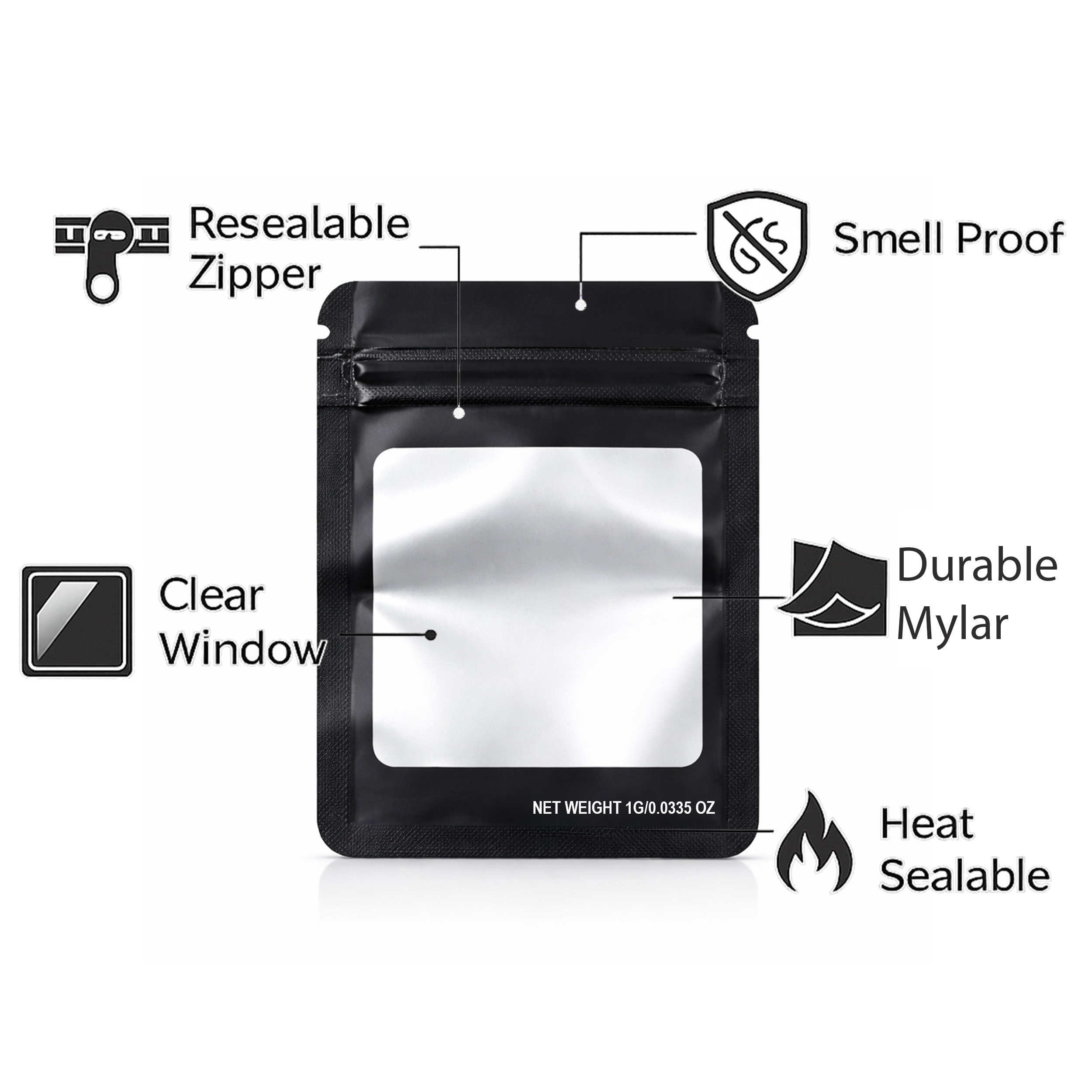 1G Blank Square Window Mylar Bag – Premium Packaging (Black) (100 Count) SMBW-1G-007 - Image 4