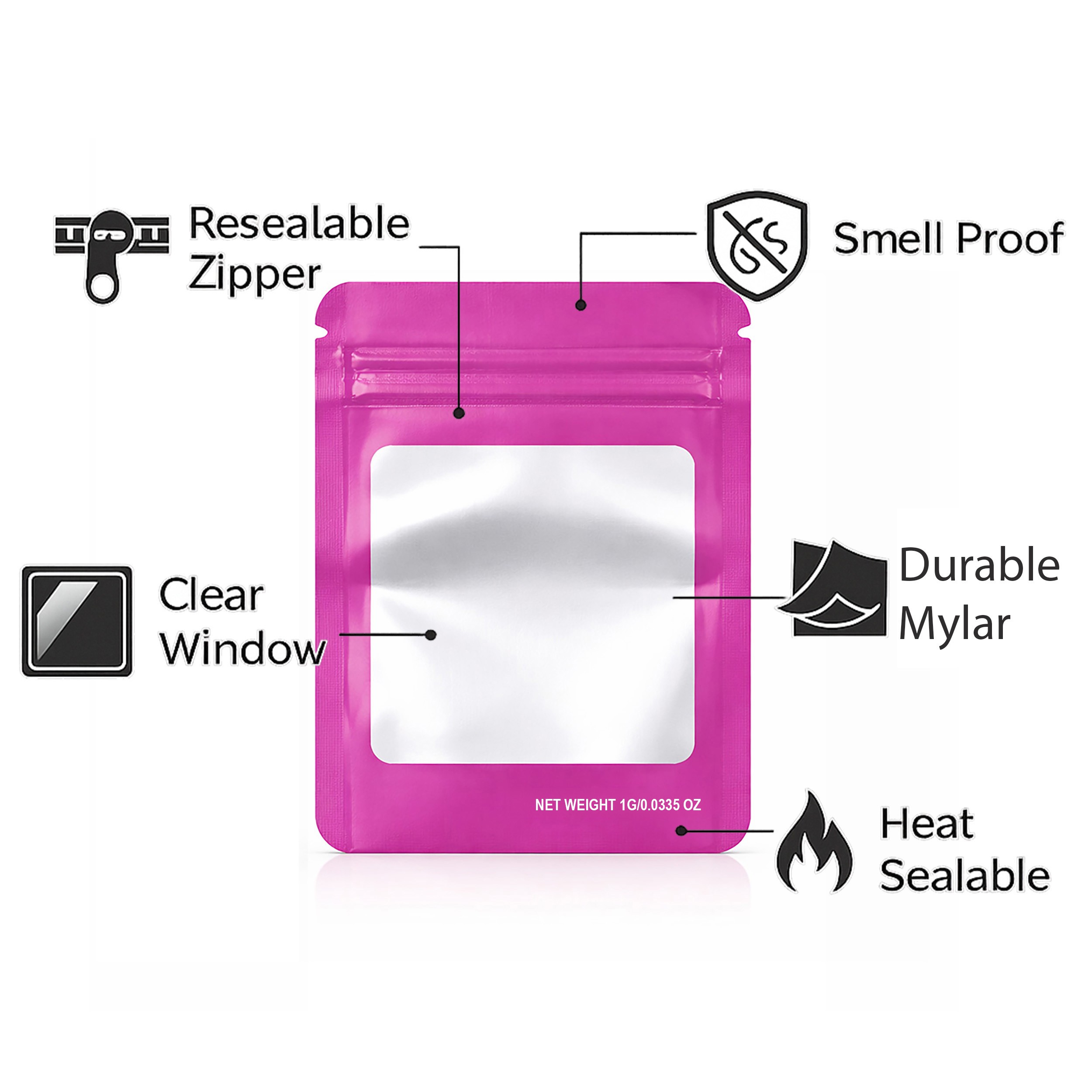 1G Blank Square Window Mylar Bag – Premium Packaging (Pink) (100 Count) SMBW-1G-008 - Image 4