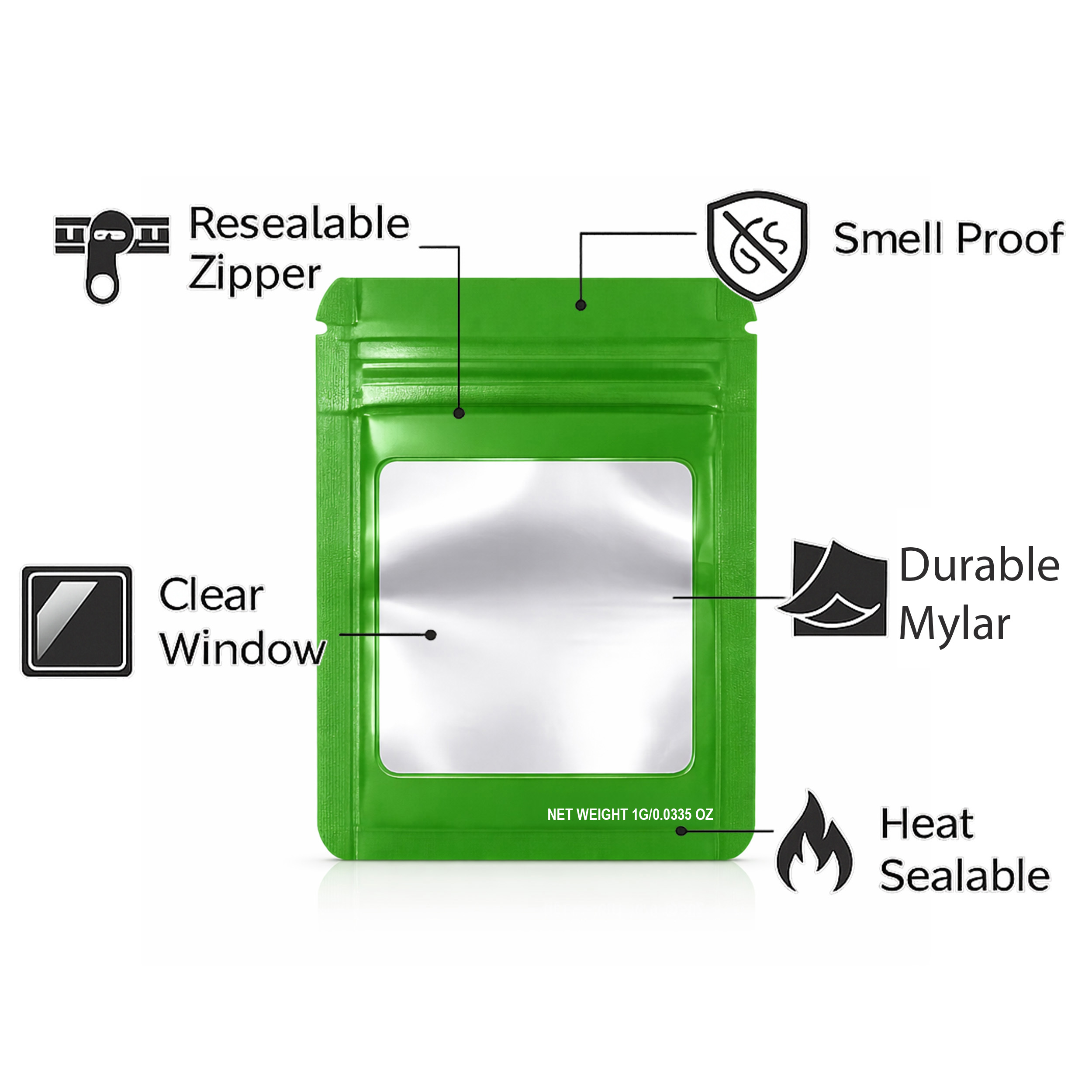 1G Blank Square Window Mylar Bag – Premium Packaging (Green) (100 Count) SMBW-1G-009 - Image 4