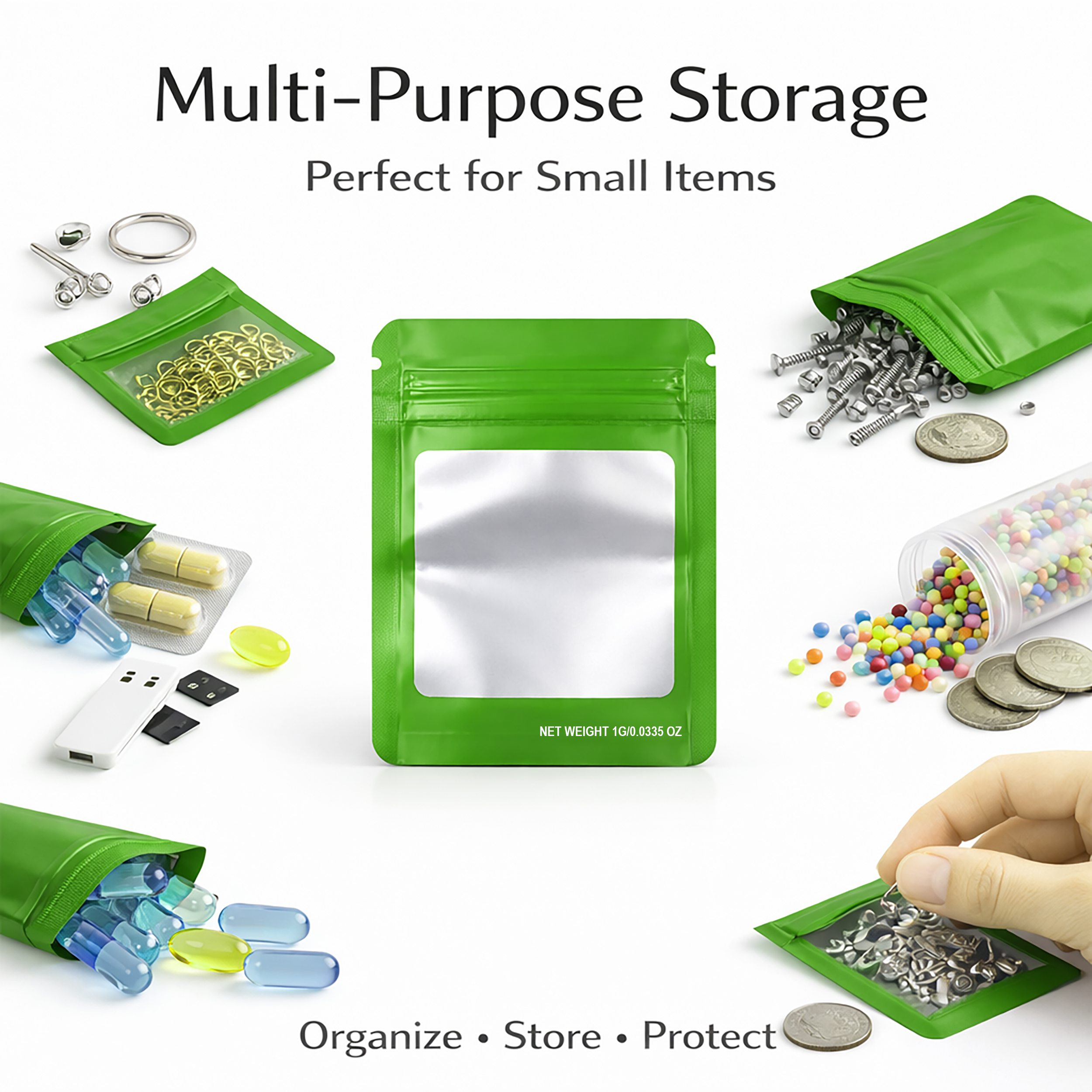 1G Blank Square Window Mylar Bag – Premium Packaging (Green) (100 Count) SMBW-1G-009 - Image 5