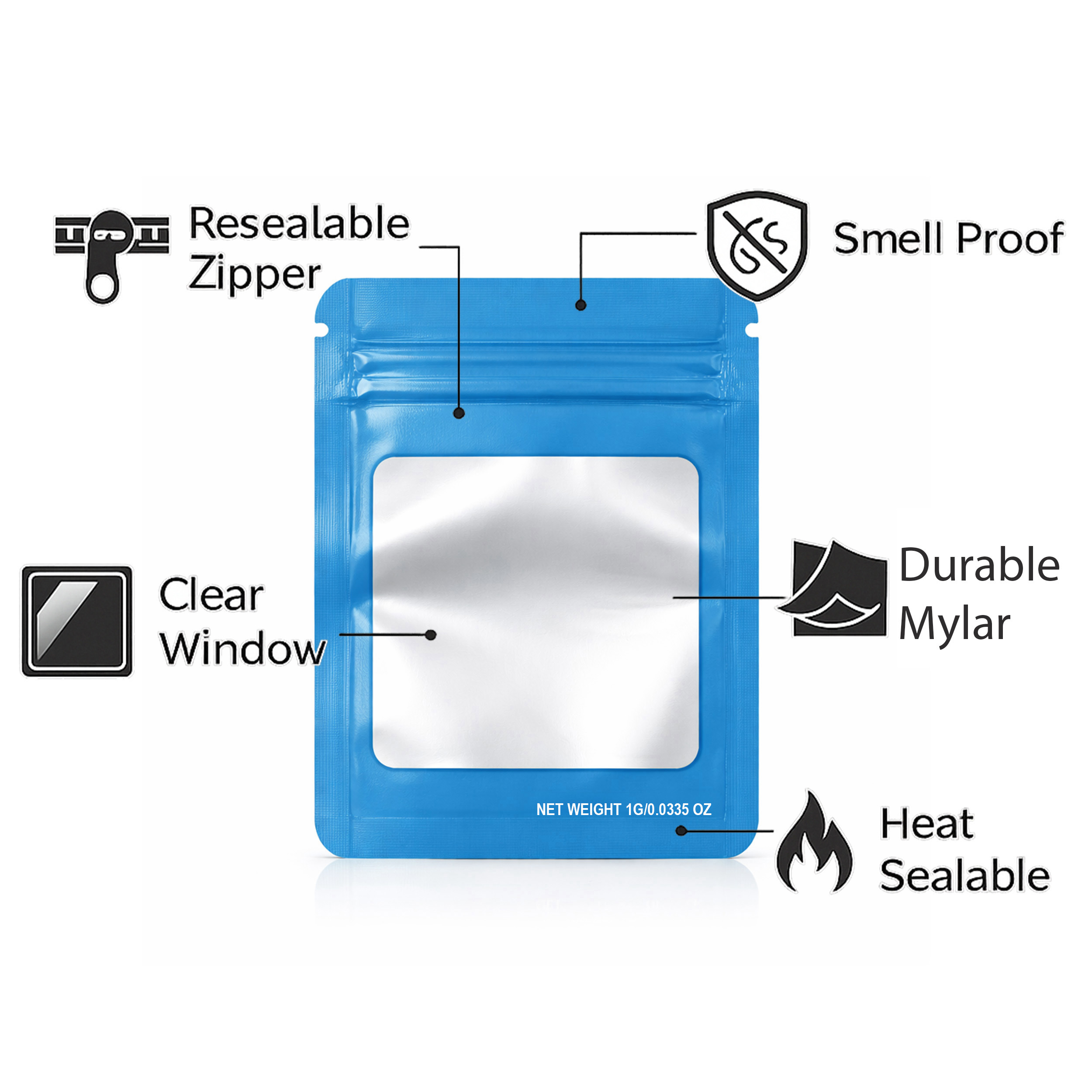 1G Blank Square Window Mylar Bag – Premium Packaging (Light Blue) (100 Count) SMBW-1G-010 - Image 4