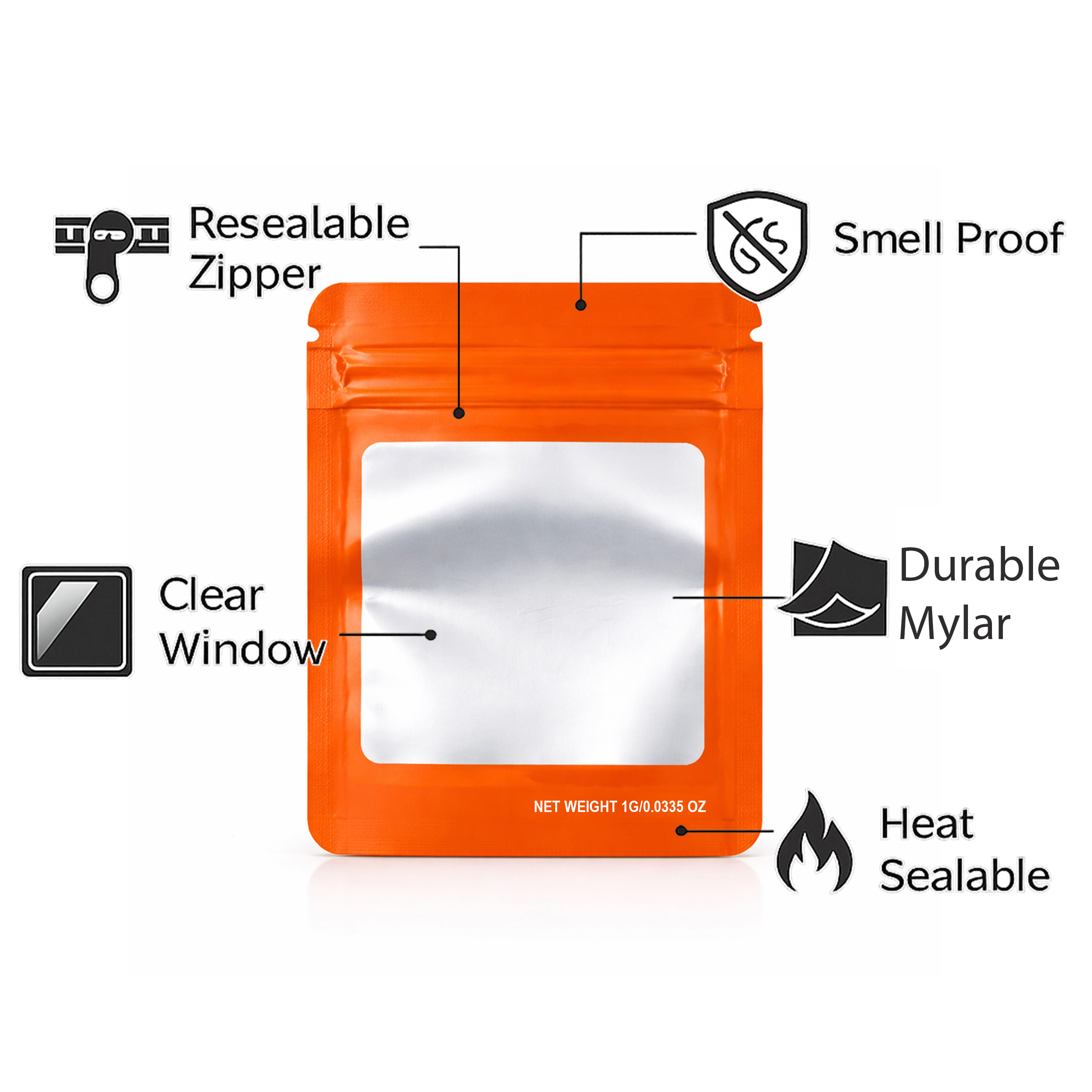 1G Blank Square Window Mylar Bag – Premium Packaging (Orange) (100 Count) SMBW-1G-012 - Image 4