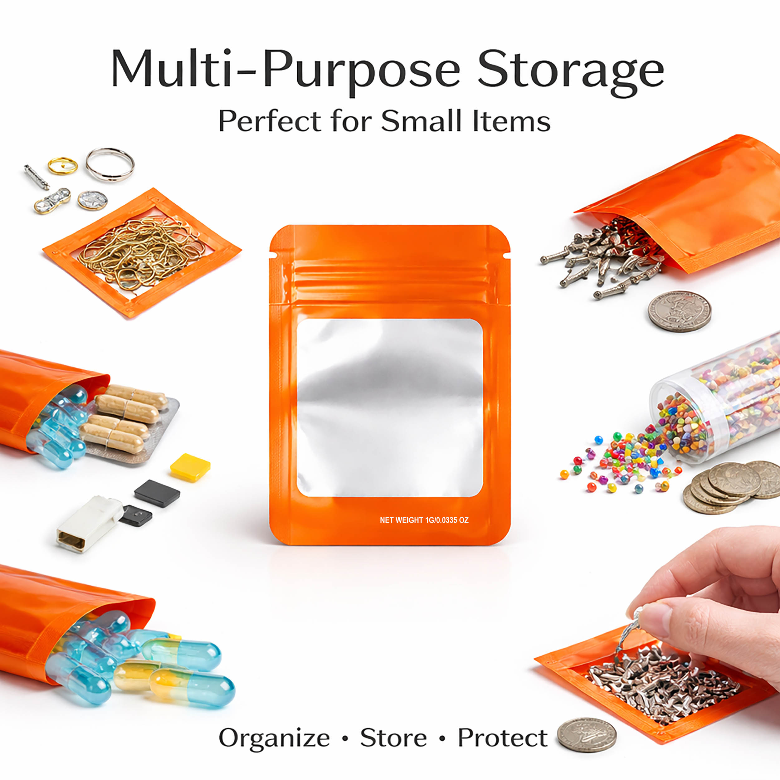 1G Blank Square Window Mylar Bag – Premium Packaging (Orange) (100 Count) SMBW-1G-012 - Image 5
