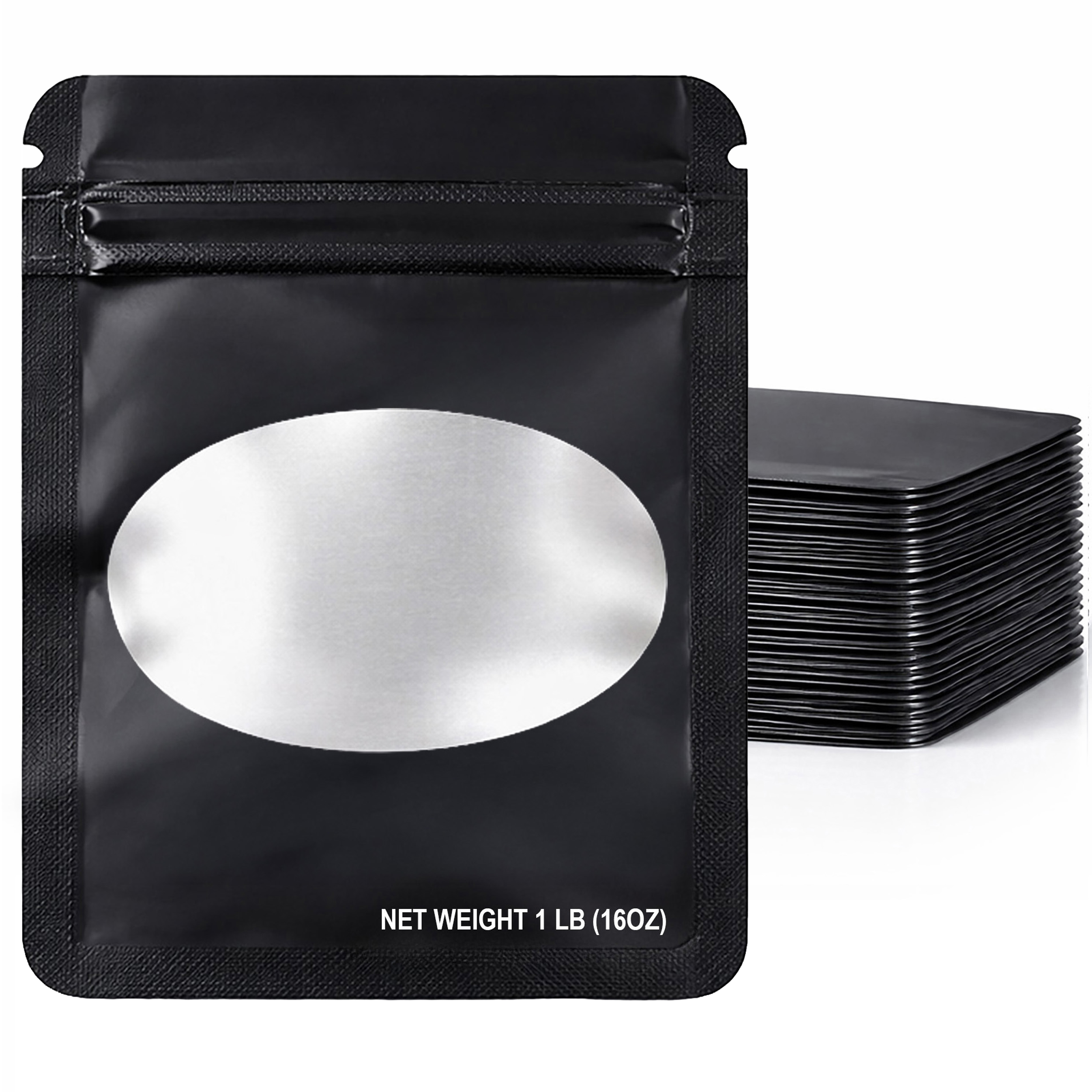 1Lb Oval Window Mylar Bag - Premium Packaging (25 Count) (Black) SMBW-1LB-001