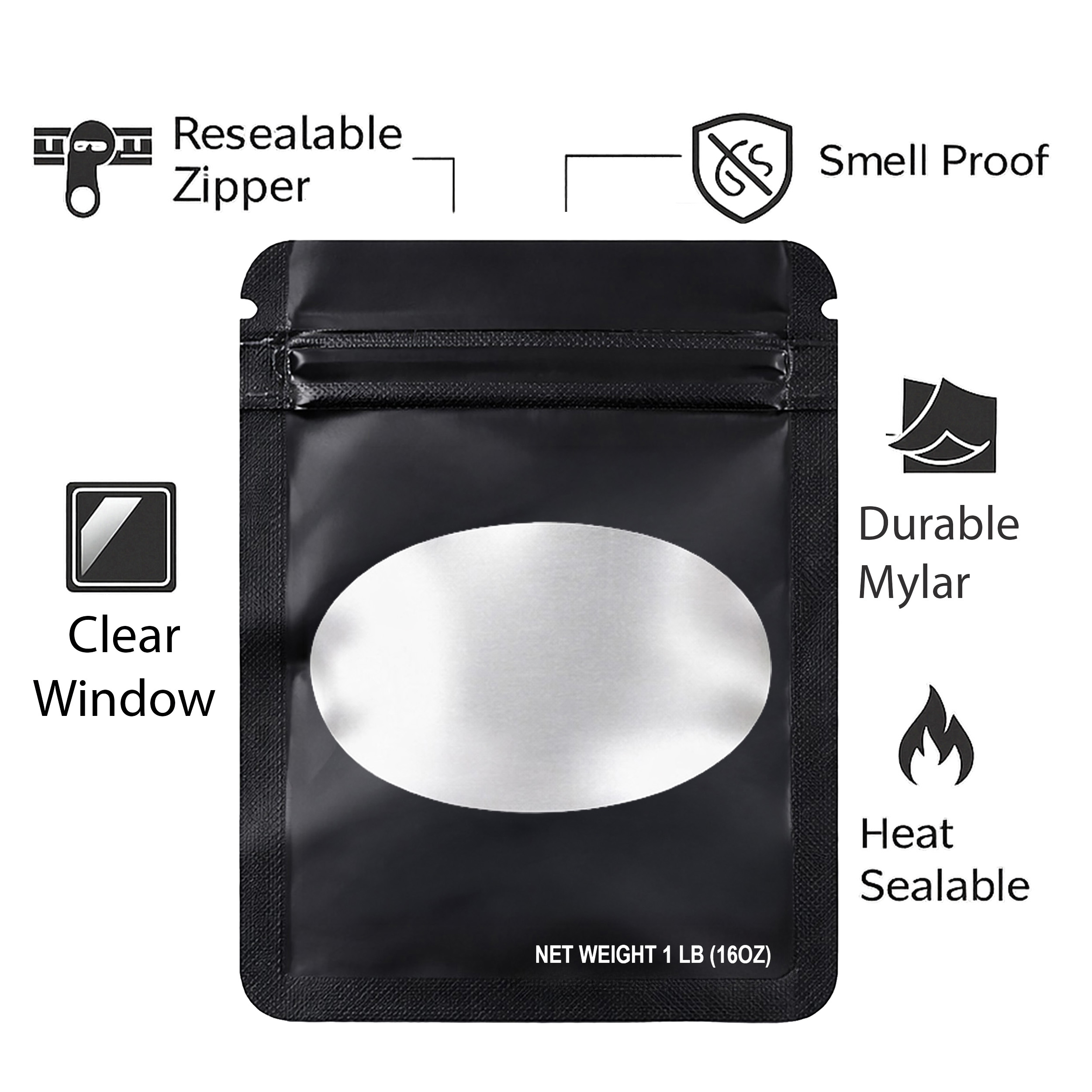 1Lb Oval Window Mylar Bag - Premium Packaging (25 Count) (Black) SMBW-1LB-001 - Image 5