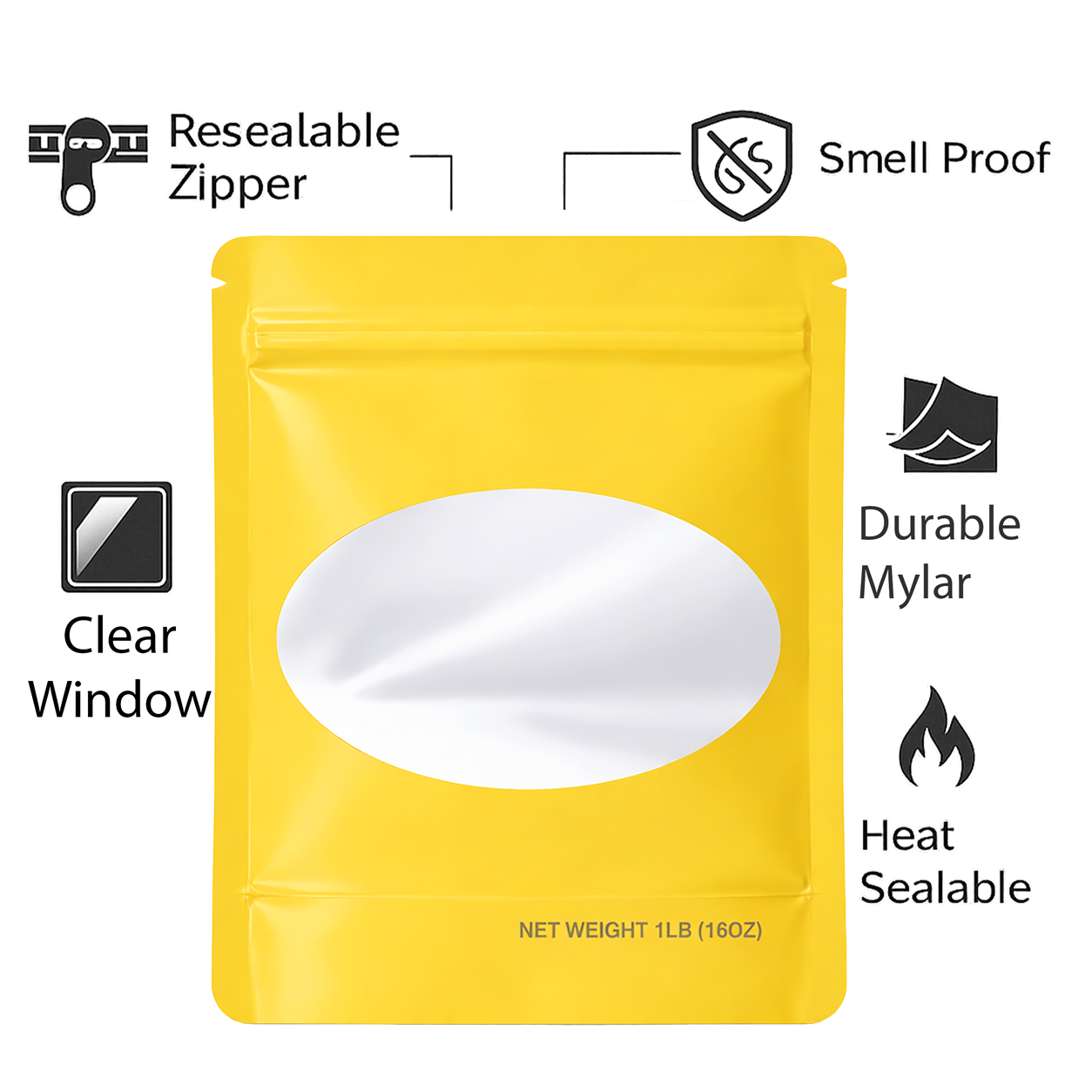 1Lb Oval Window Mylar Bag - Premium Packaging (25 Count) (Gold) SMBW-1LB-004 - Image 4