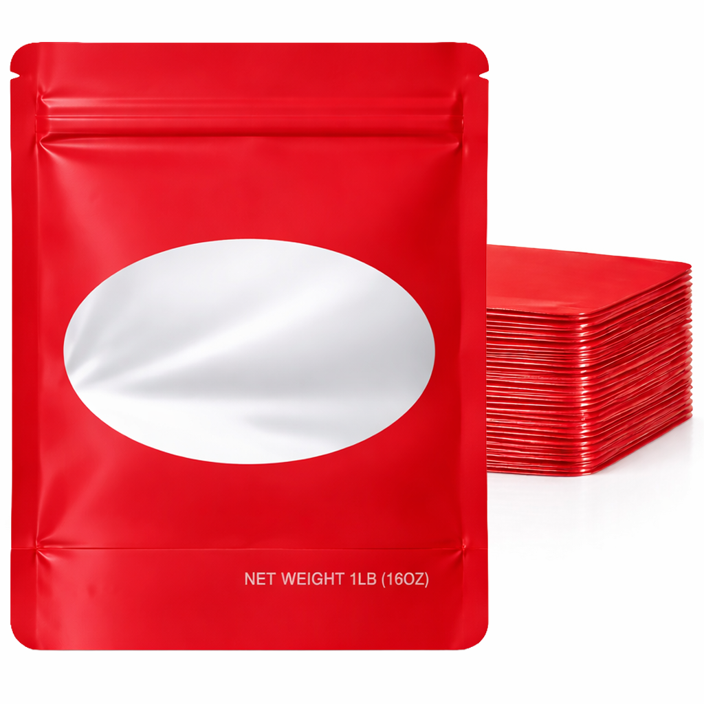 1Lb Oval Window Mylar Bag - Premium Packaging (25 Count) (Red) SMBW-1LB-005