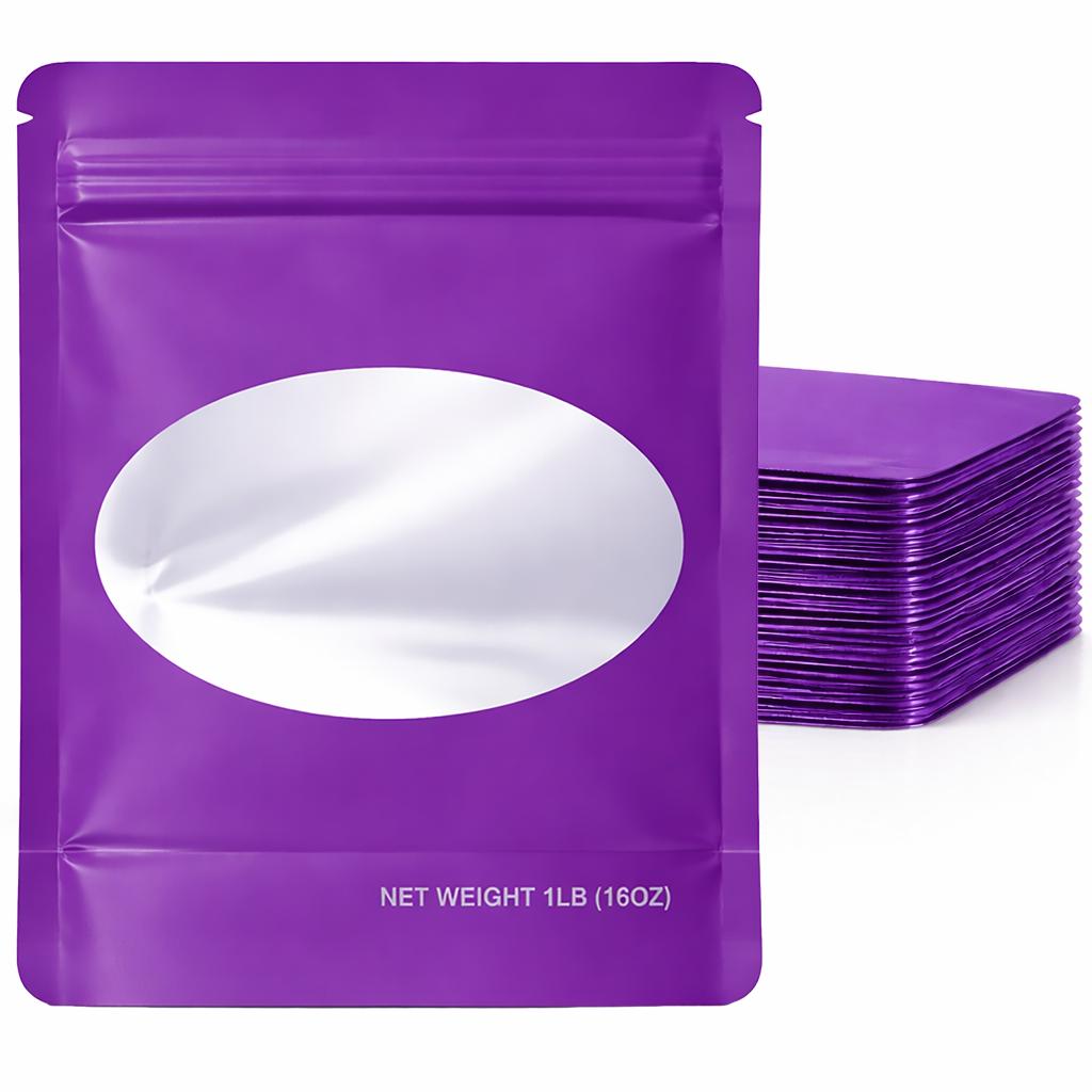 1Lb Oval Window Mylar Bag - Premium Packaging (25 Count) (Purple) SMBW-1LB-006