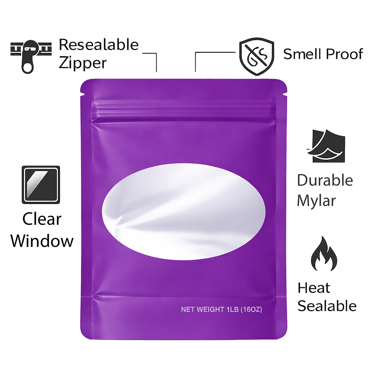1Lb Oval Window Mylar Bag - Premium Packaging (25 Count) (Purple) SMBW-1LB-006 - Image 4