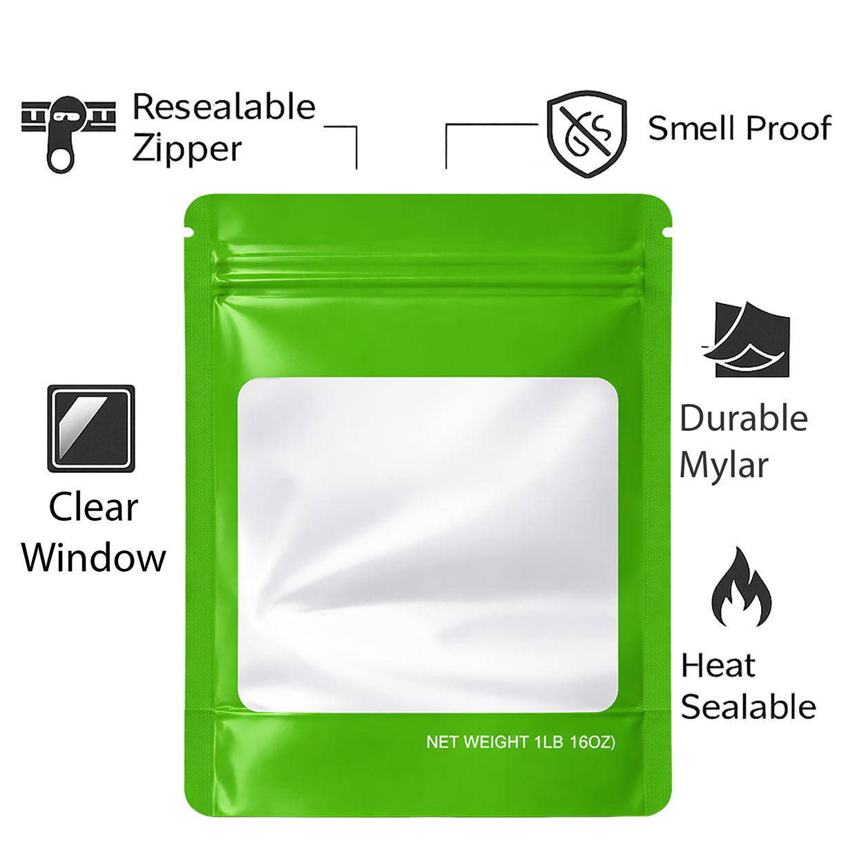 1Lb Square Window Mylar Bag - Premium Packaging (25 Count) (Green) SMBW-1LB-009 - Image 4