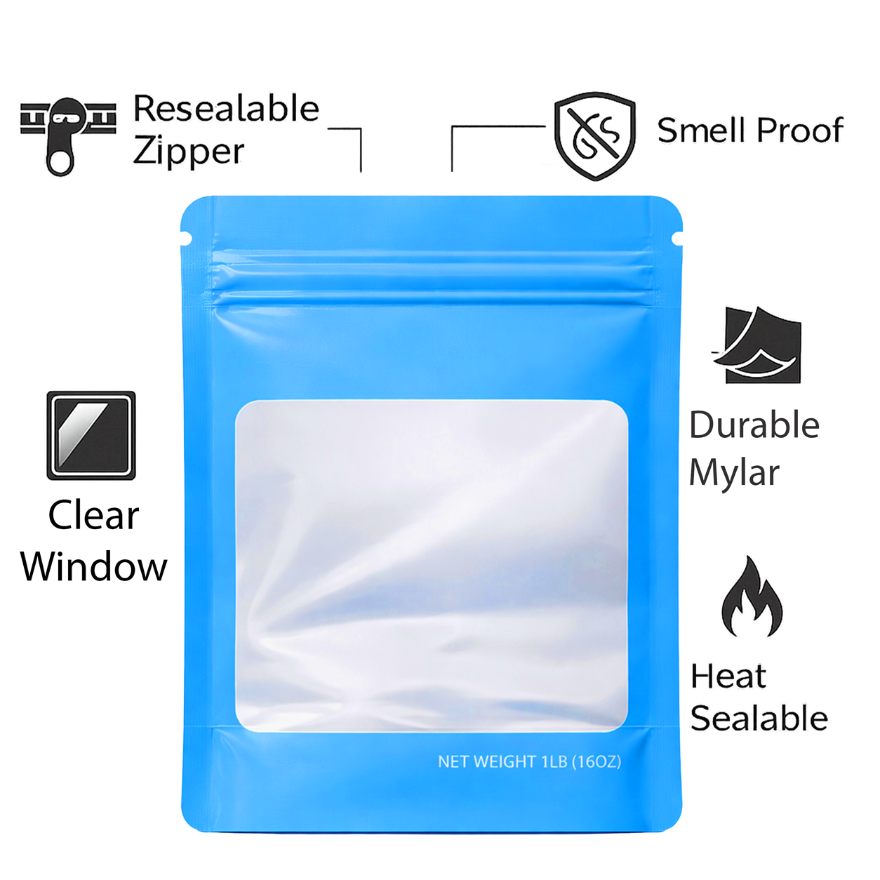 1Lb Square Window Mylar Bag - Premium Packaging (25 Count) (Light Blue) SMBW-1LB-010 - Image 4